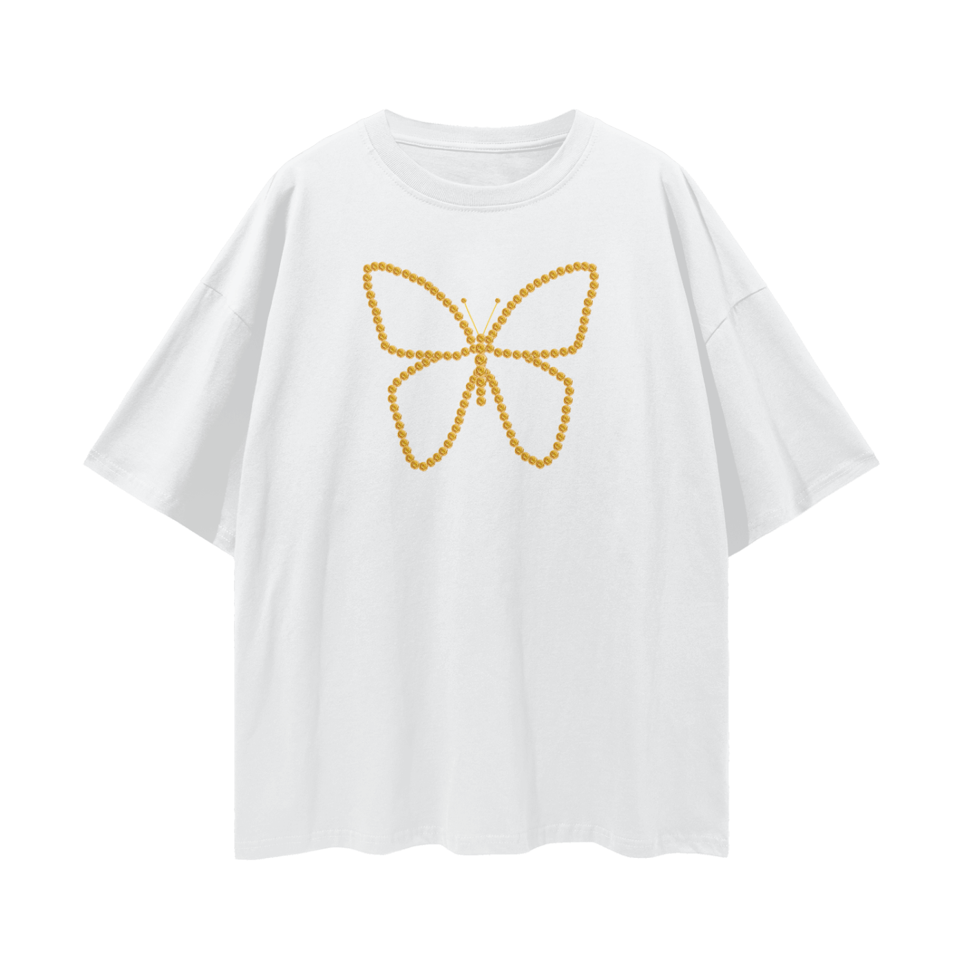 Camellia Butterfly Tee - relaxed to oversized fit featuring yellow golden butterfly brooch design.