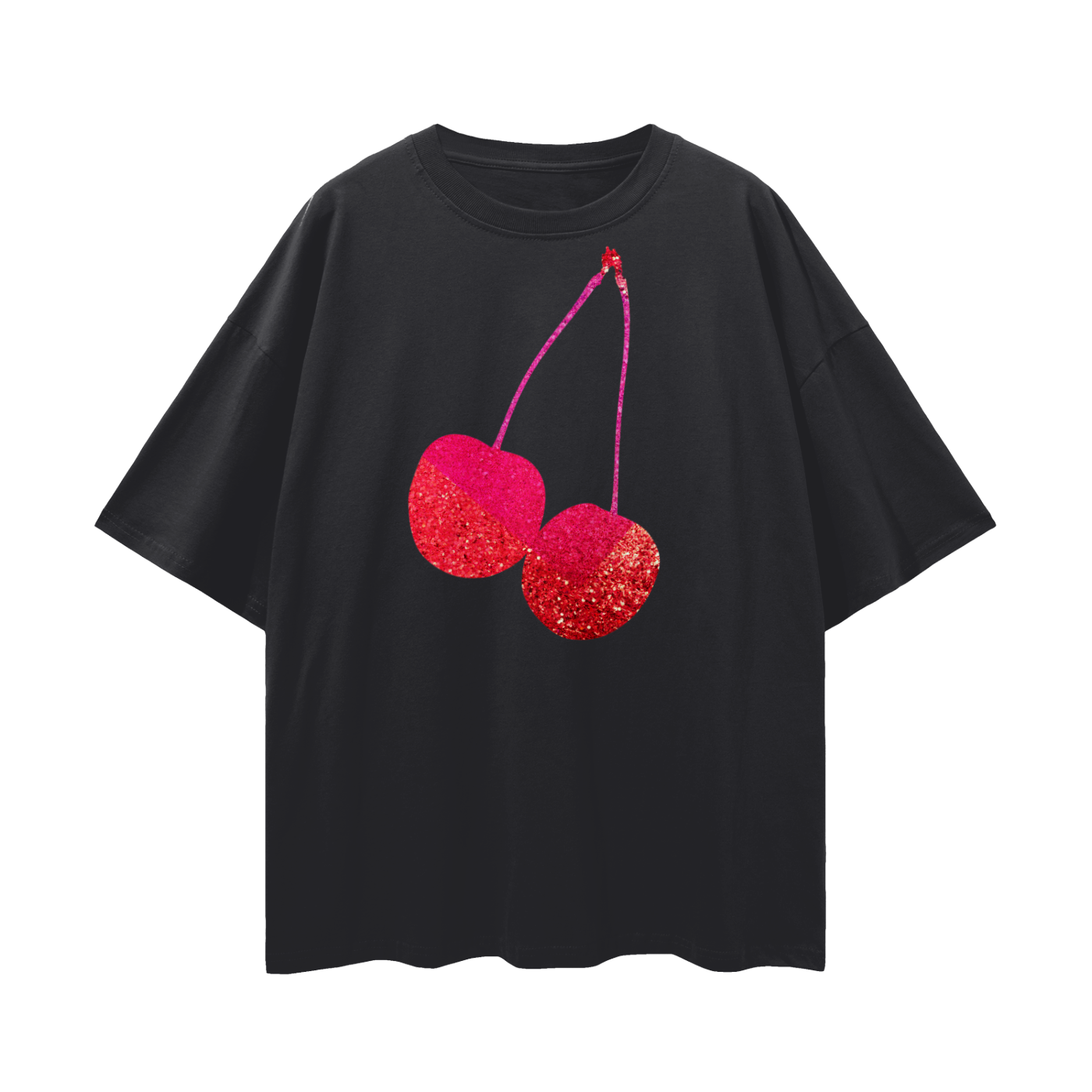 Black oversized Cherry Glam tee with red cherry artwork