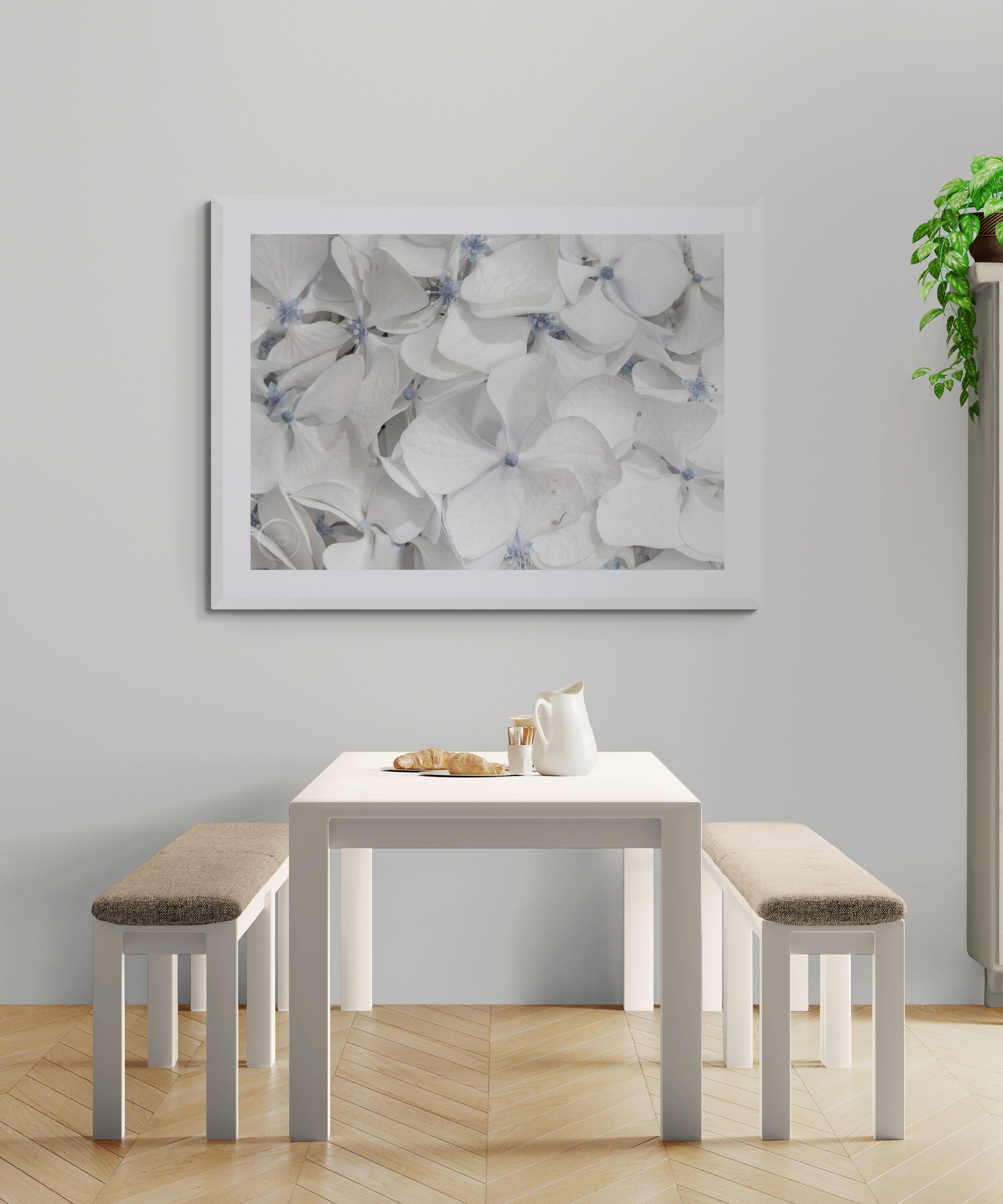 White Hydrangrea Print framed in dining area