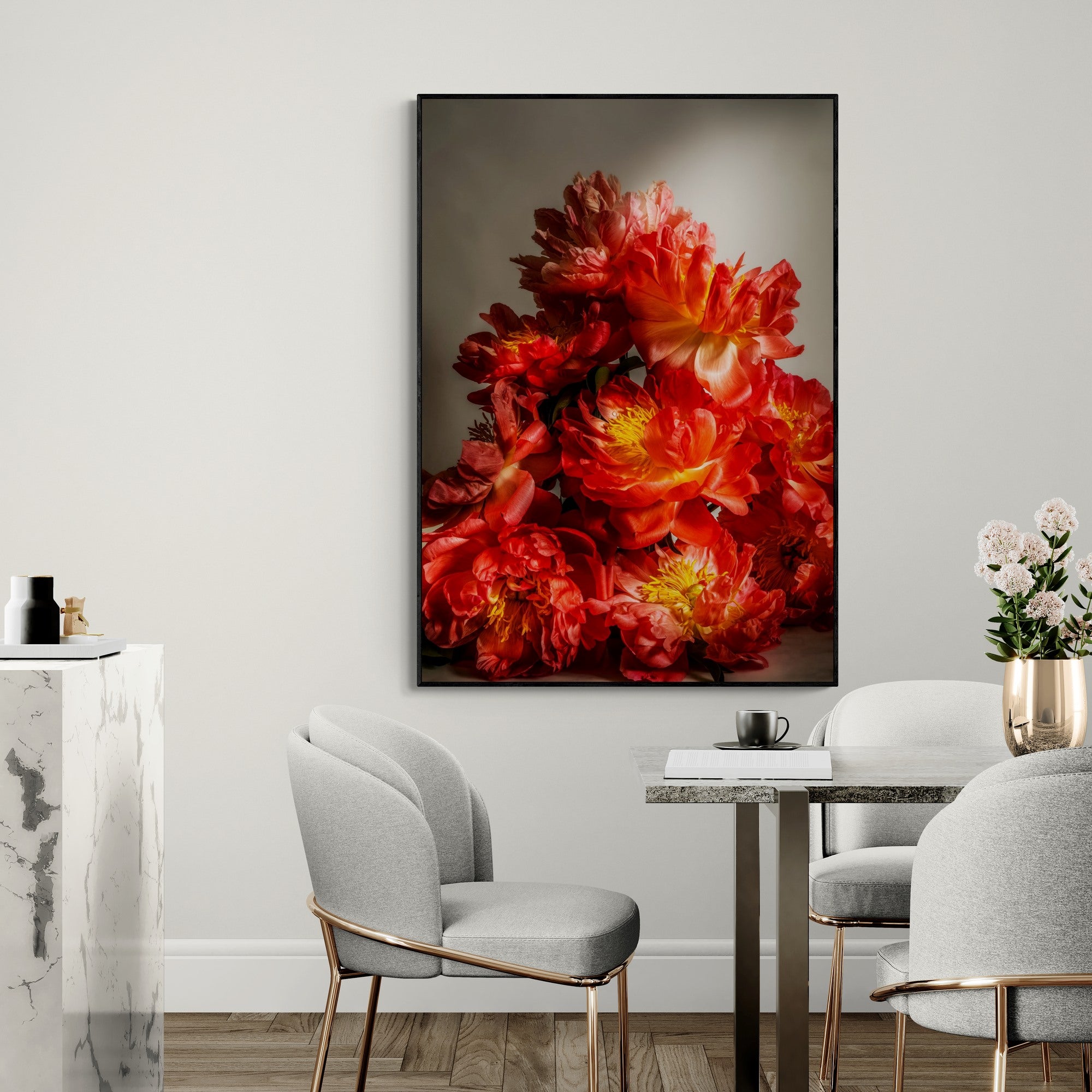 Coral Sunset Peonies Canvas Print framed in dining room by Kirsten Clark Art