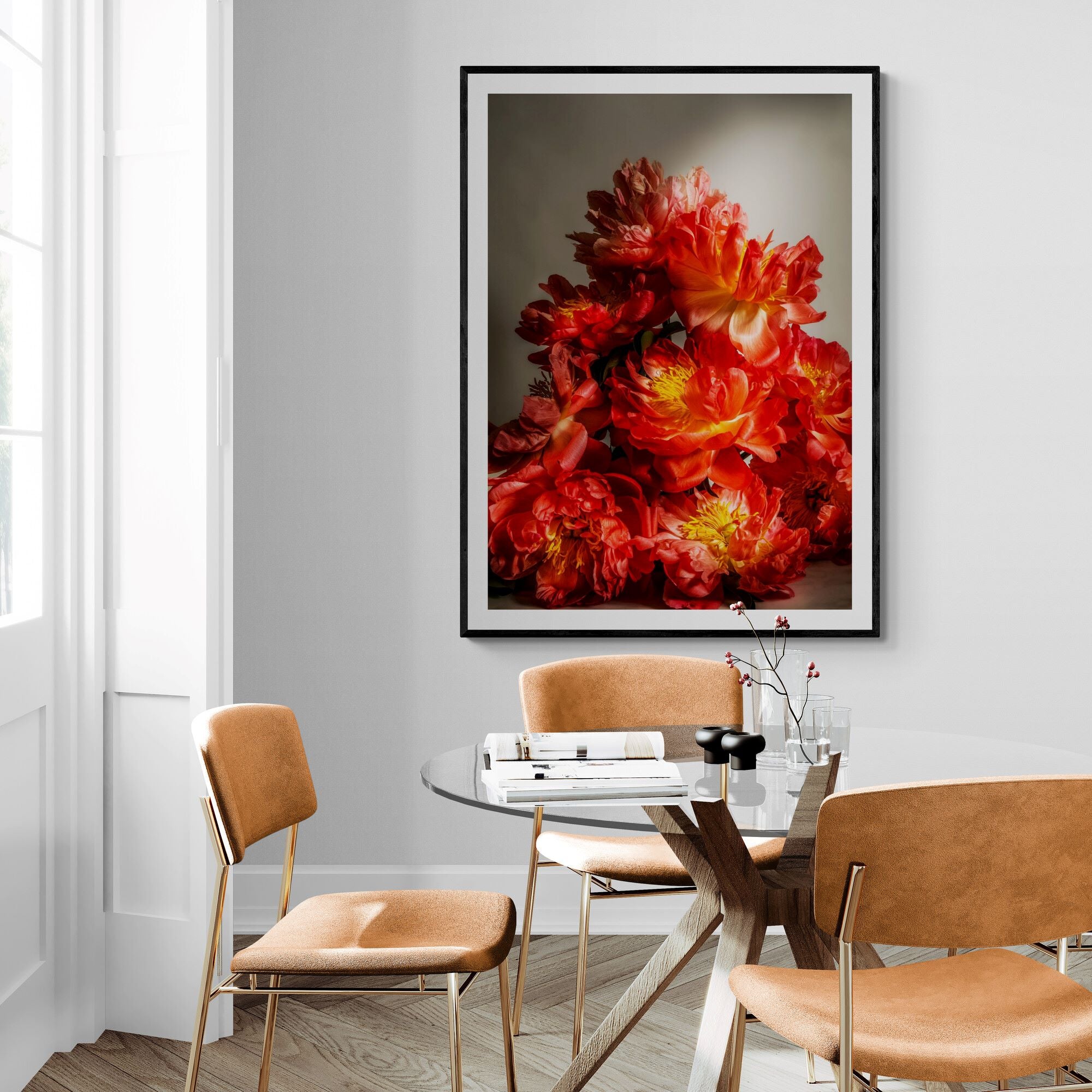Coral_Sunset_Peony_Print_in_stylish-dining-room by Kirsten Clark Art