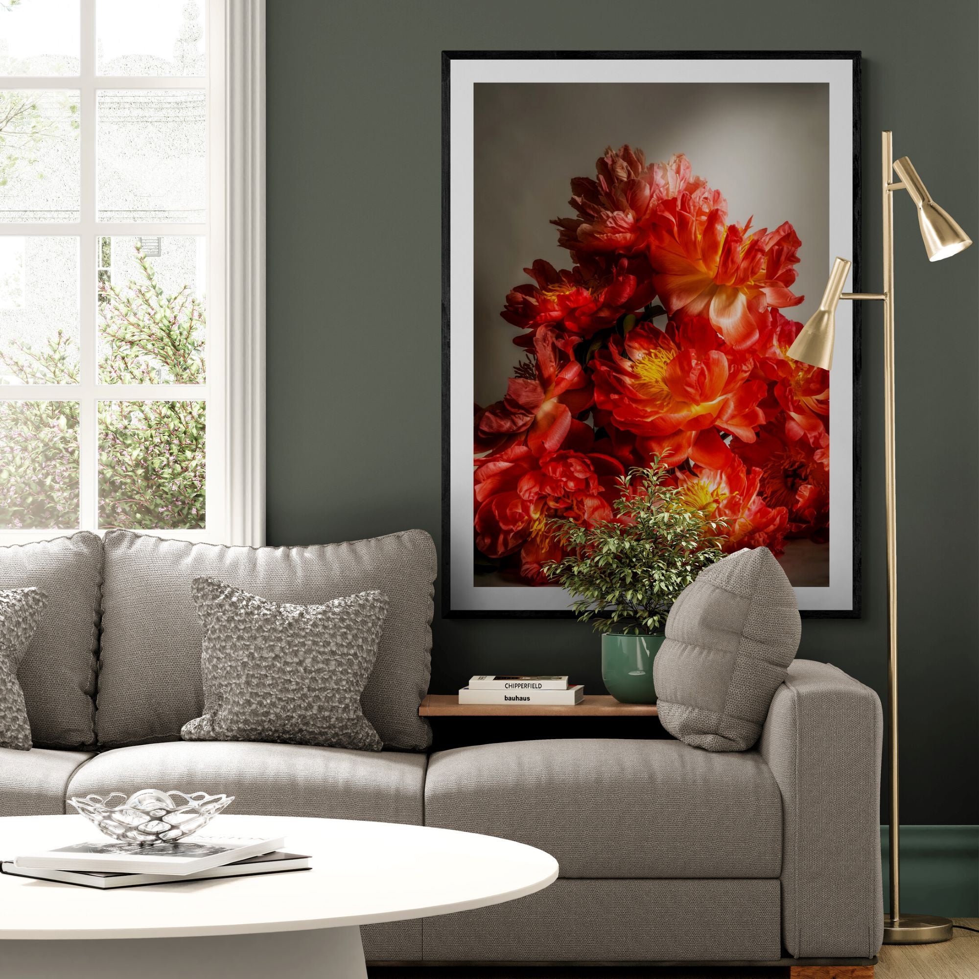 Coral Sunset Peony Print in stylish-living-room by Kirsten Clark Art