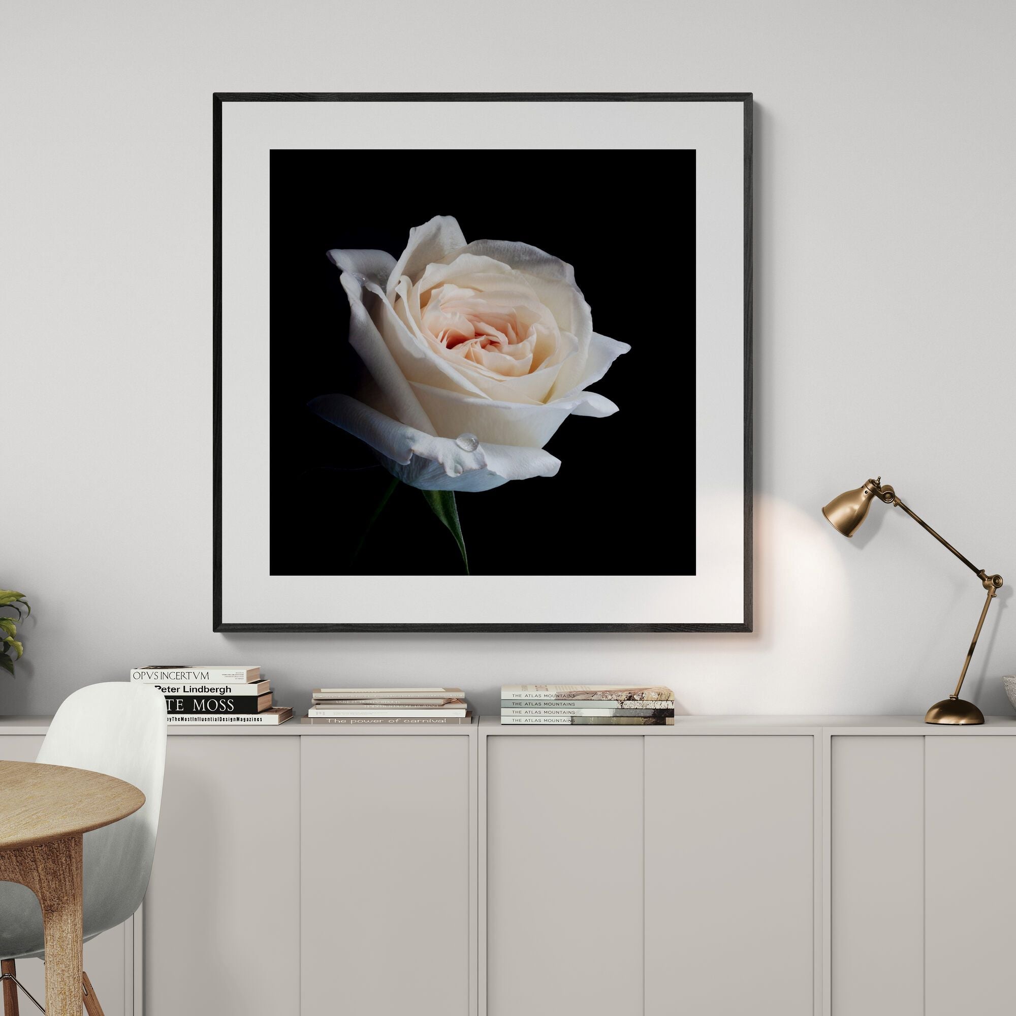 David Austin Cream Rose Print in dining area by Kirsten Clark Art