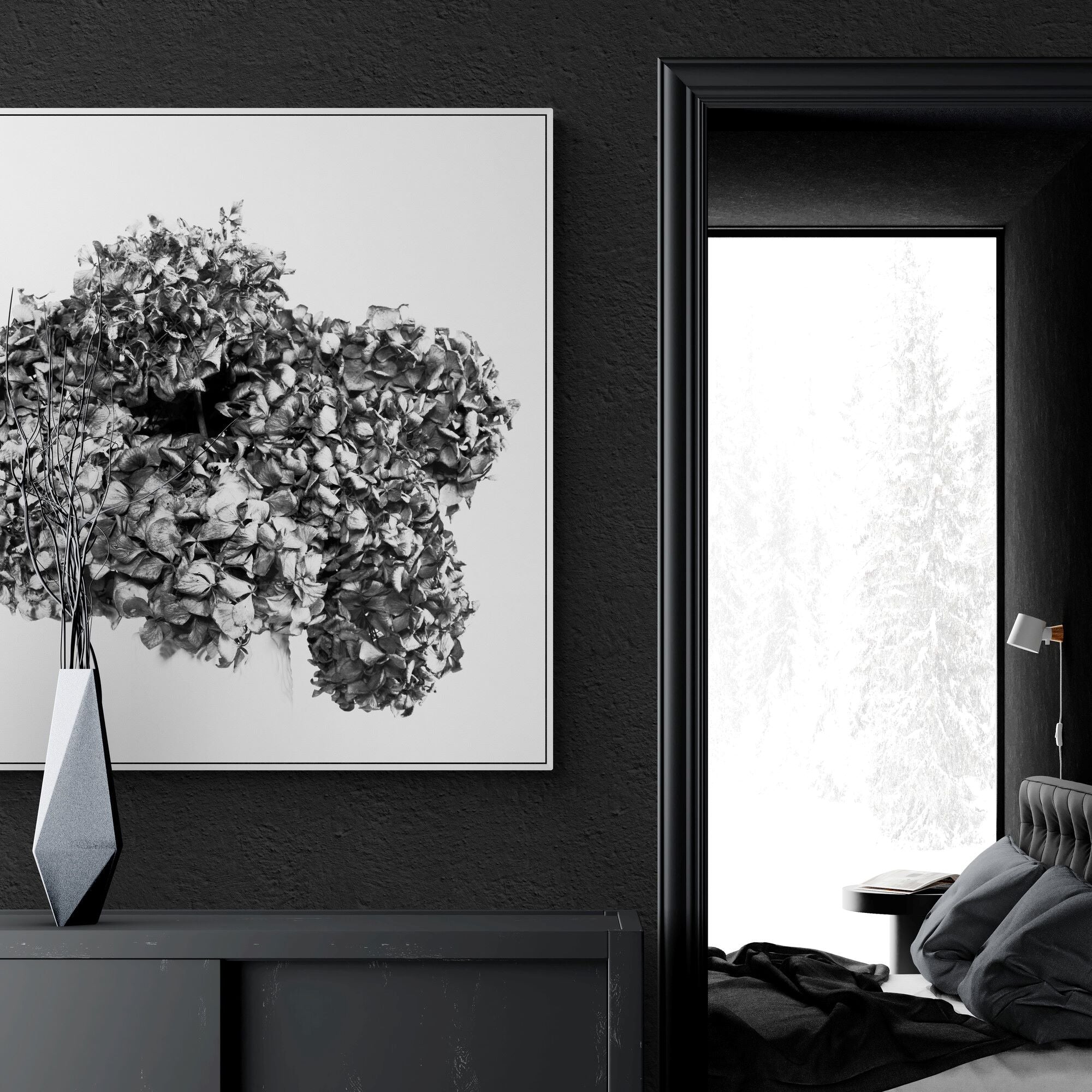 Dried Hydrangeas Canvas B&W in dark decor by Kirsten Clark Art
