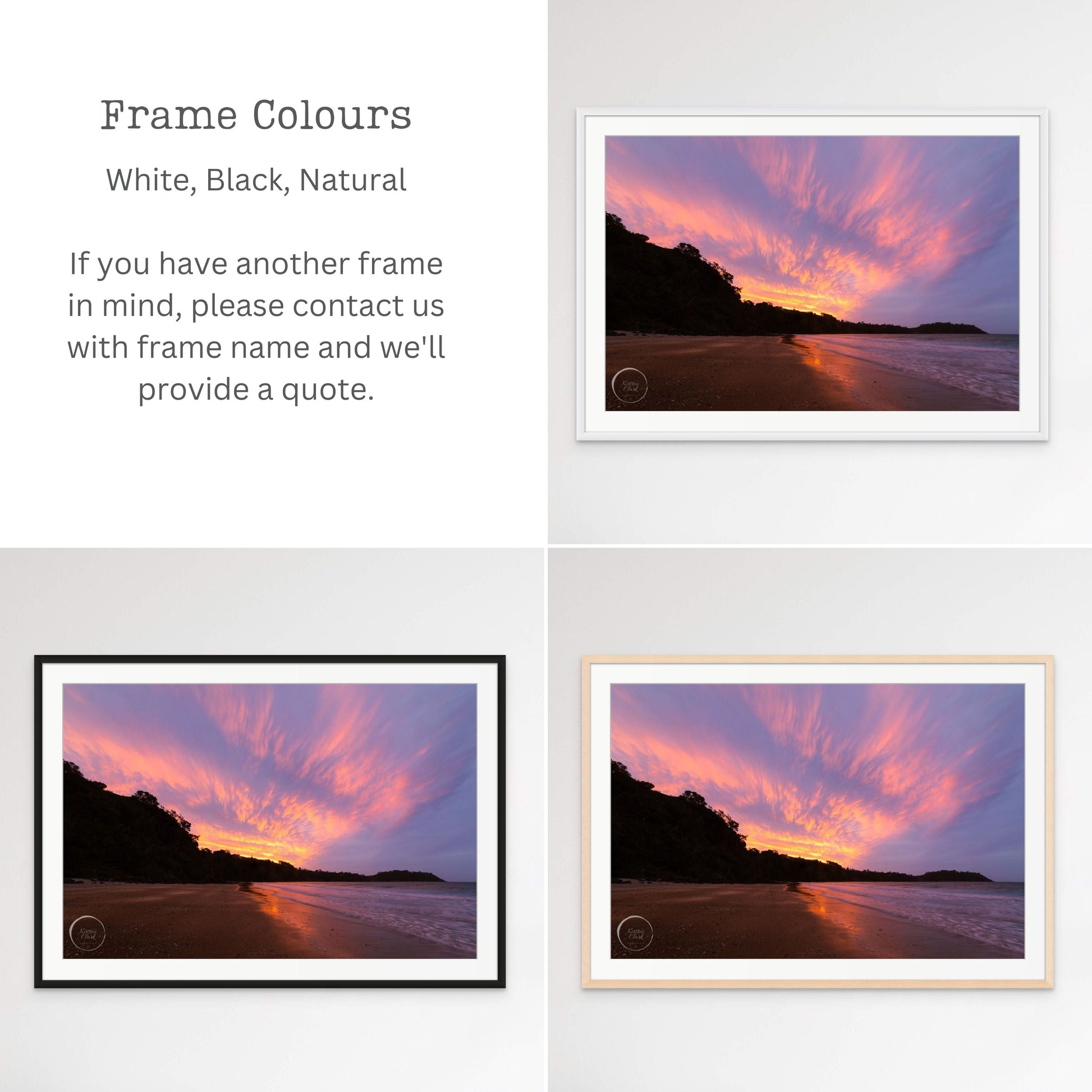 Frame Colour options for Electric Sunset Onetangi Beach Waiheke NZ Landscape Prints by Kirsten Clark