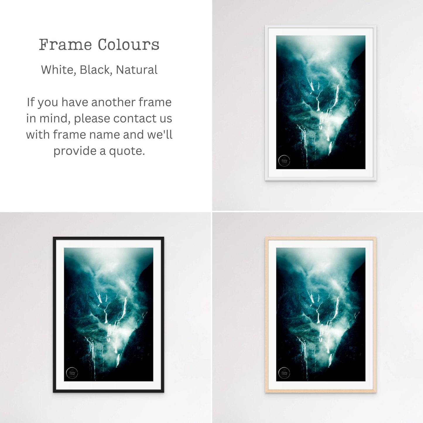 Frame Colour options for Valley of the Falls NZ Landscape Prints by Kirsten Clark