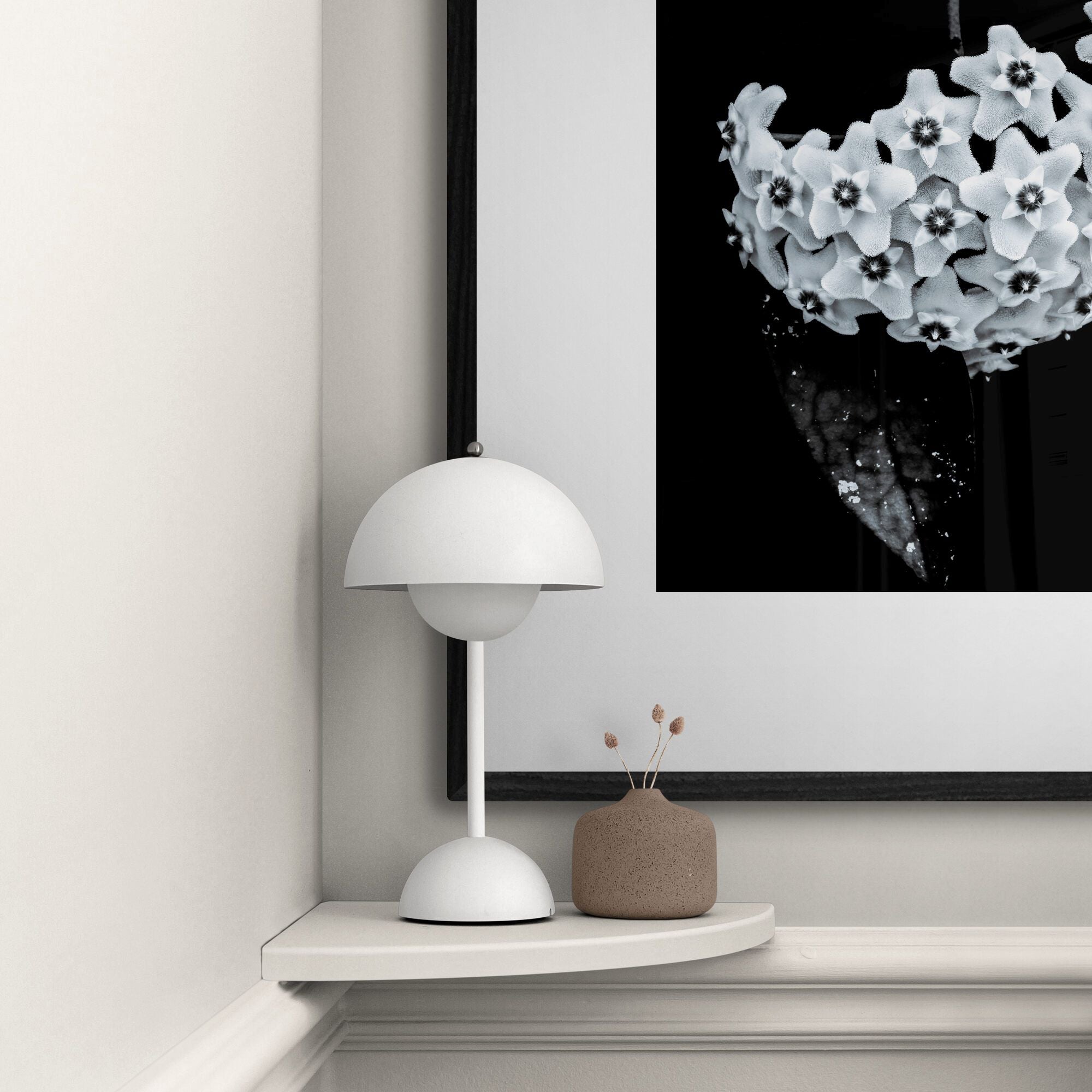 Framed Hoya Heirloom black & white print in home interior by Kirsten Clark Art
