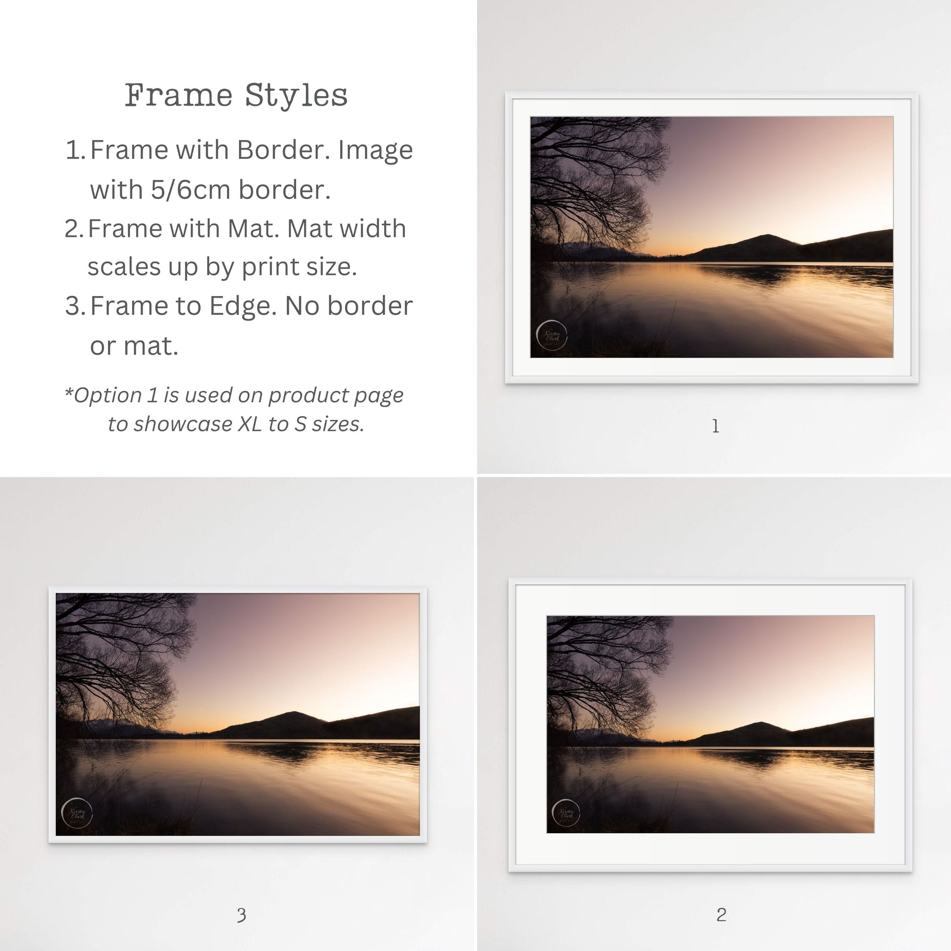 Frames Styles- Lake Hayes Queenstown Winter Sunset NZ Landscape Prints by Kirsten Clark