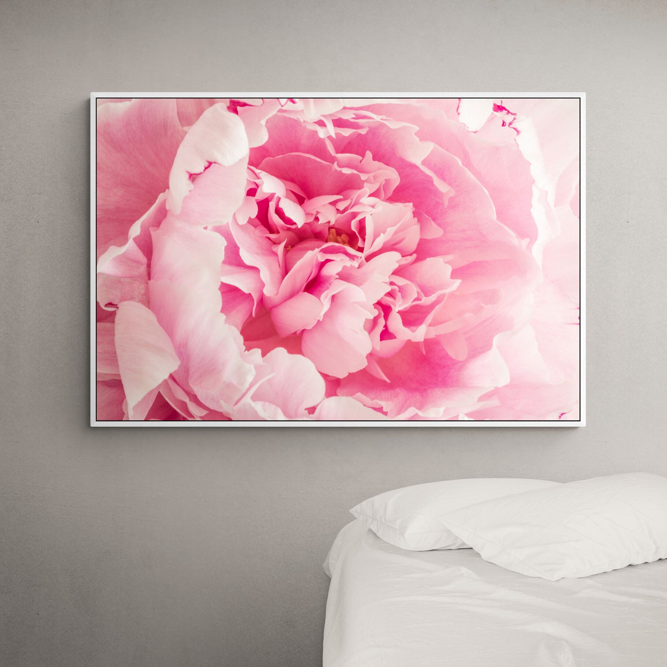Frill of Pink Peony Canvas print in bedroom by Kirsten Clark Art