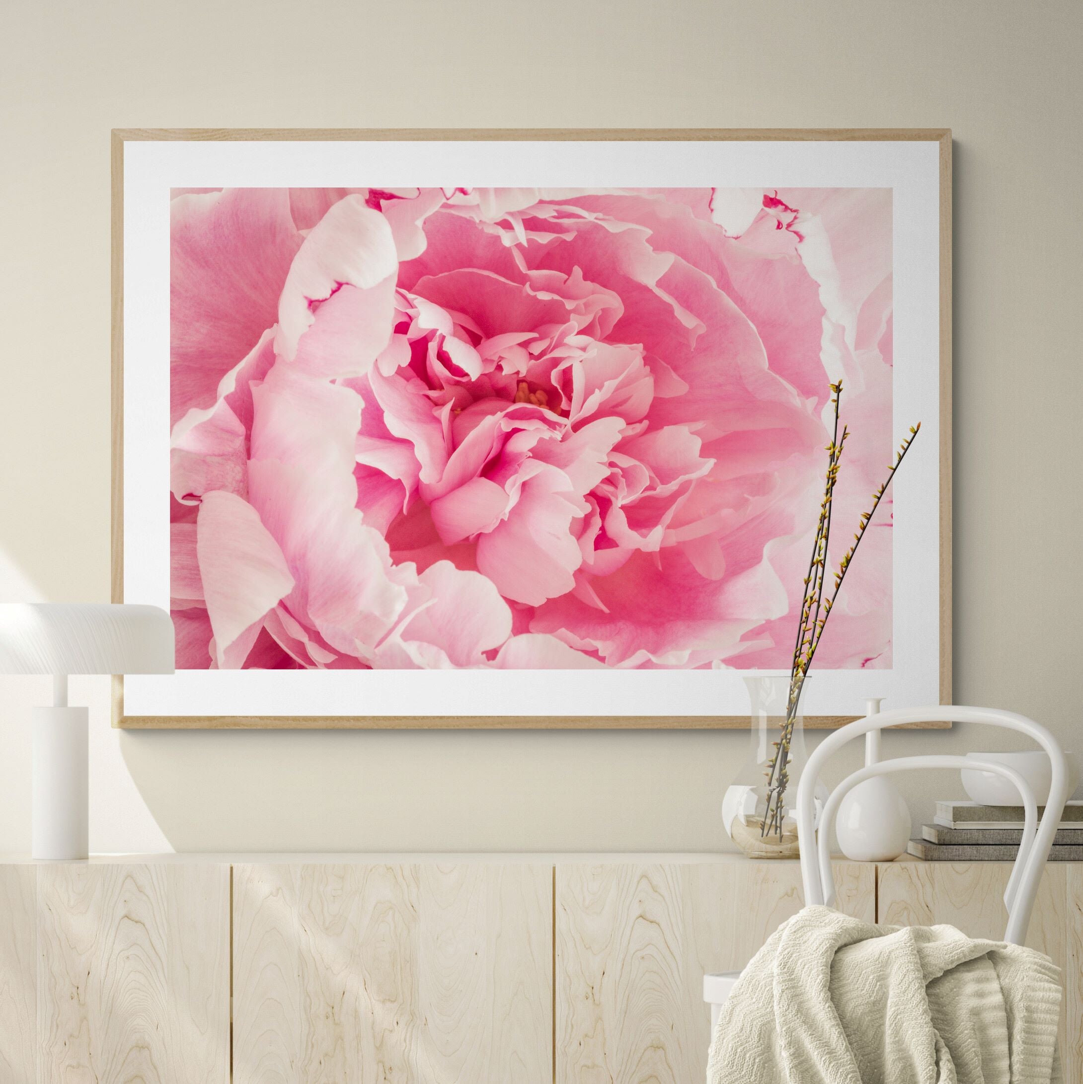 Frill of Pink Peony Print above console by Kirsten Clark Art
