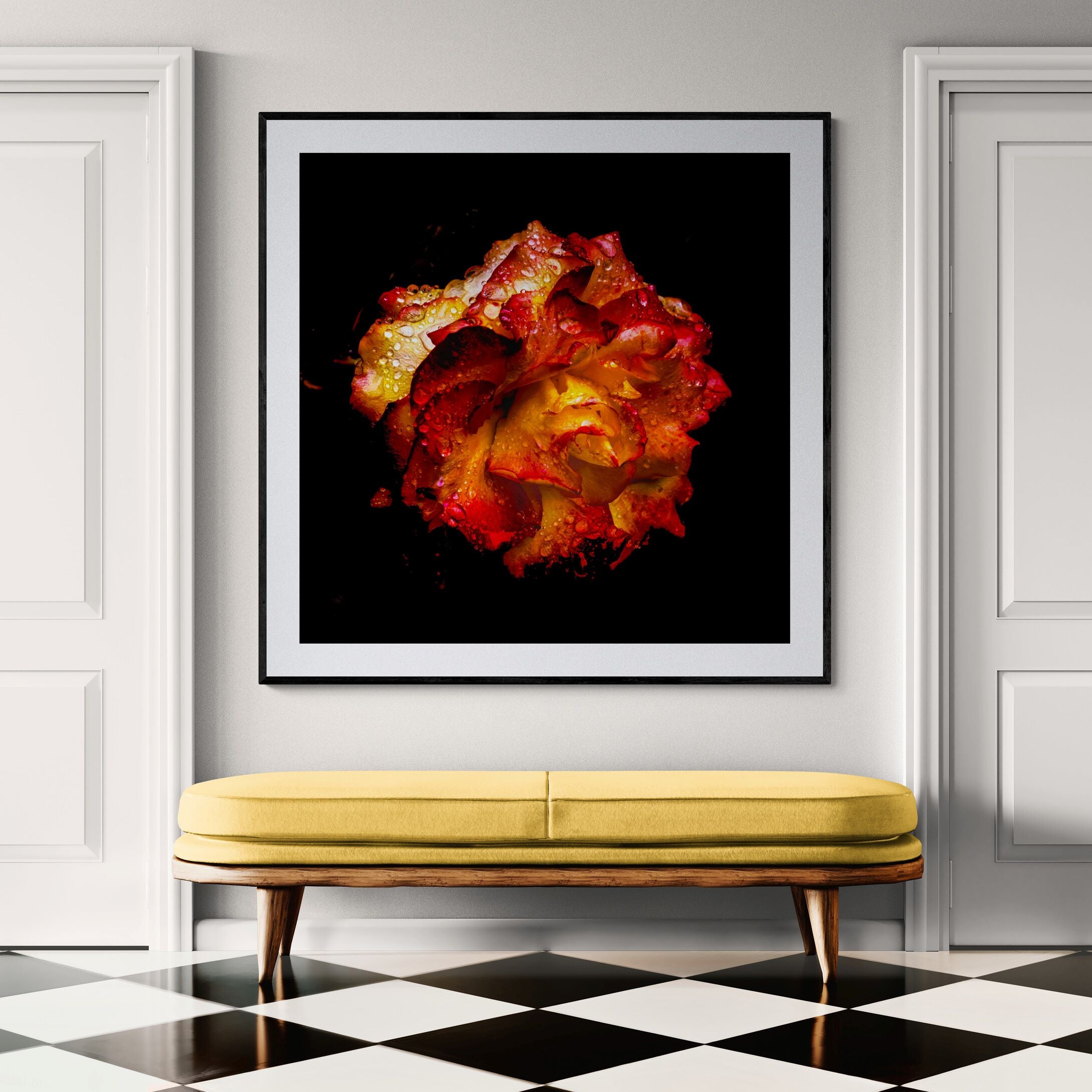 Statement Floral art Glistening Rose limited edition floral fine art print in foyer