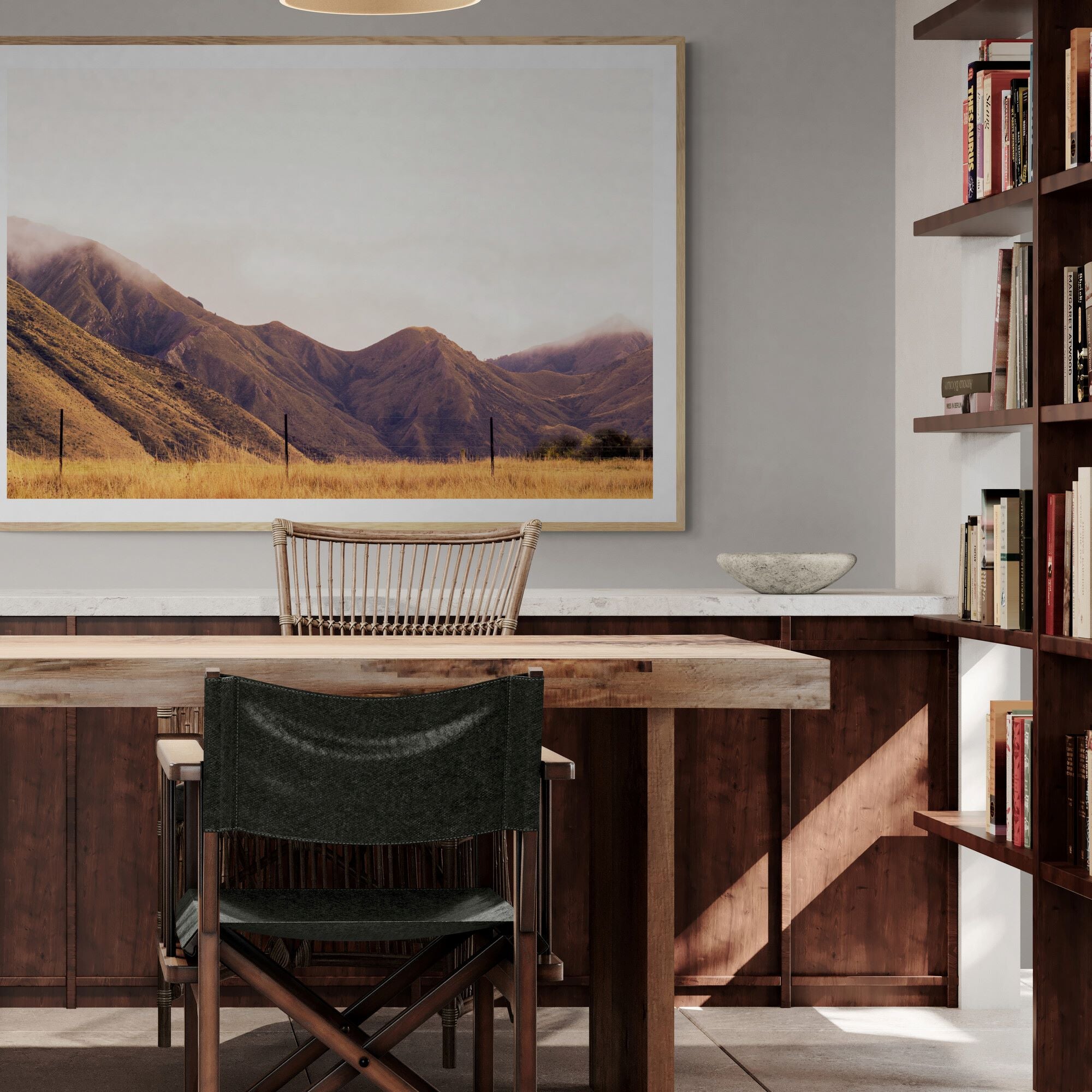 Golden Mountains Queenstown Print in dining area by Kirsten Clark Art