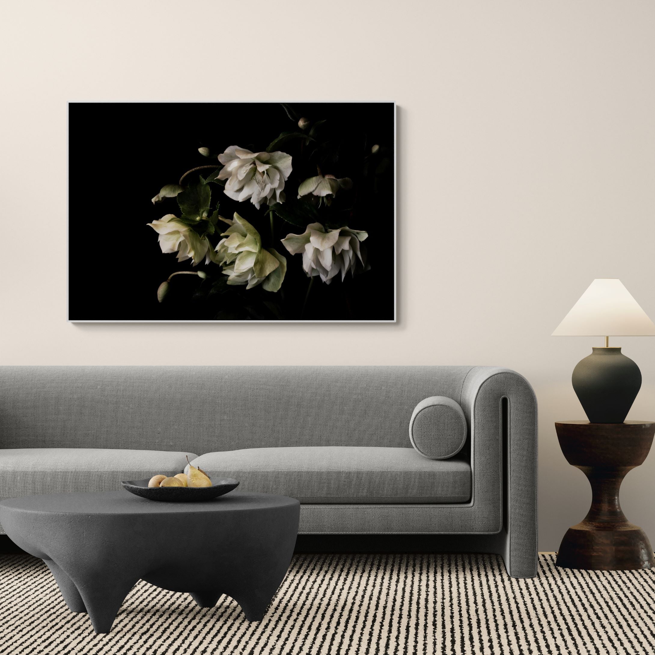 Hellebore winter rose fine art canvas print on wall in modern living room