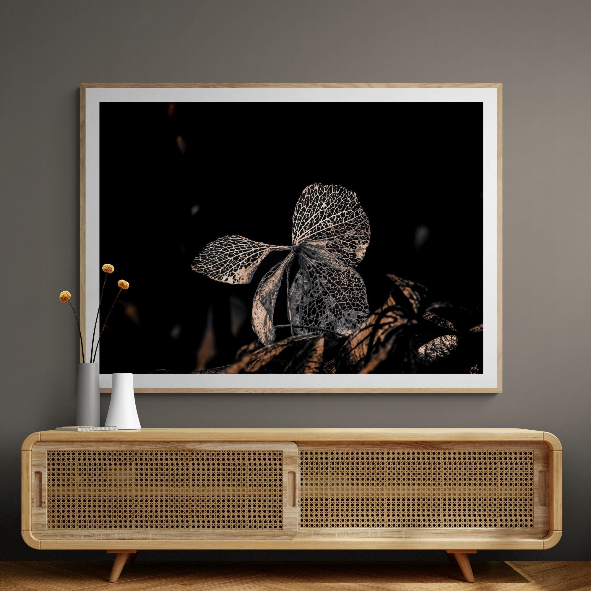 Hydrangea Butterfly in garden fine art print above console by Kirsten Clark Art