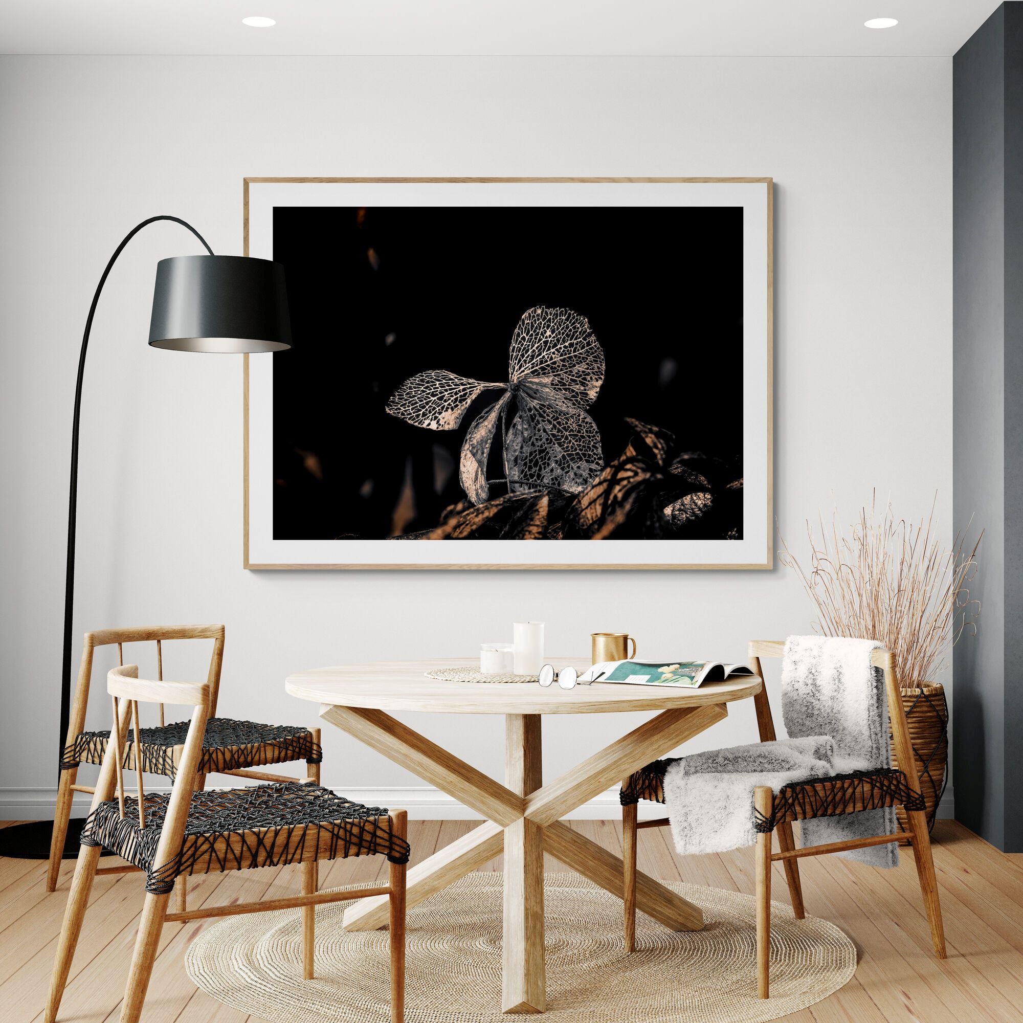 Hydrangea Butterfly in garden fine art print in dining space by Kirsten Clark Art