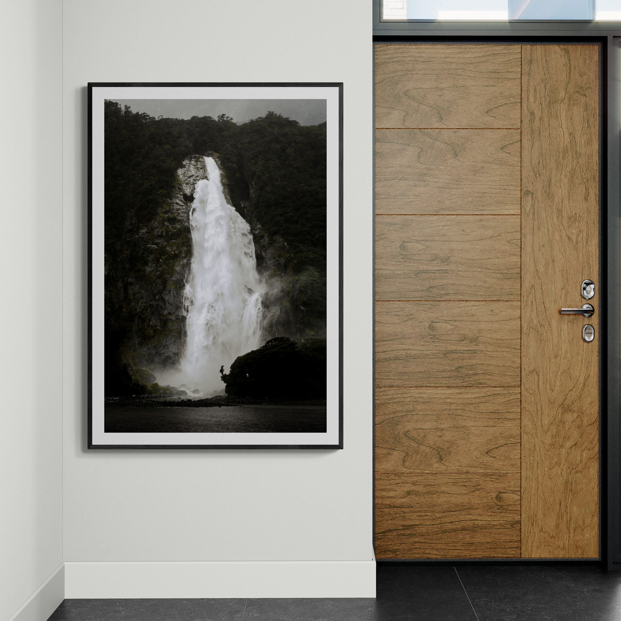 Lady Bowen Falls fine art print framed in modern interior entrance by Kirsten Clark Art