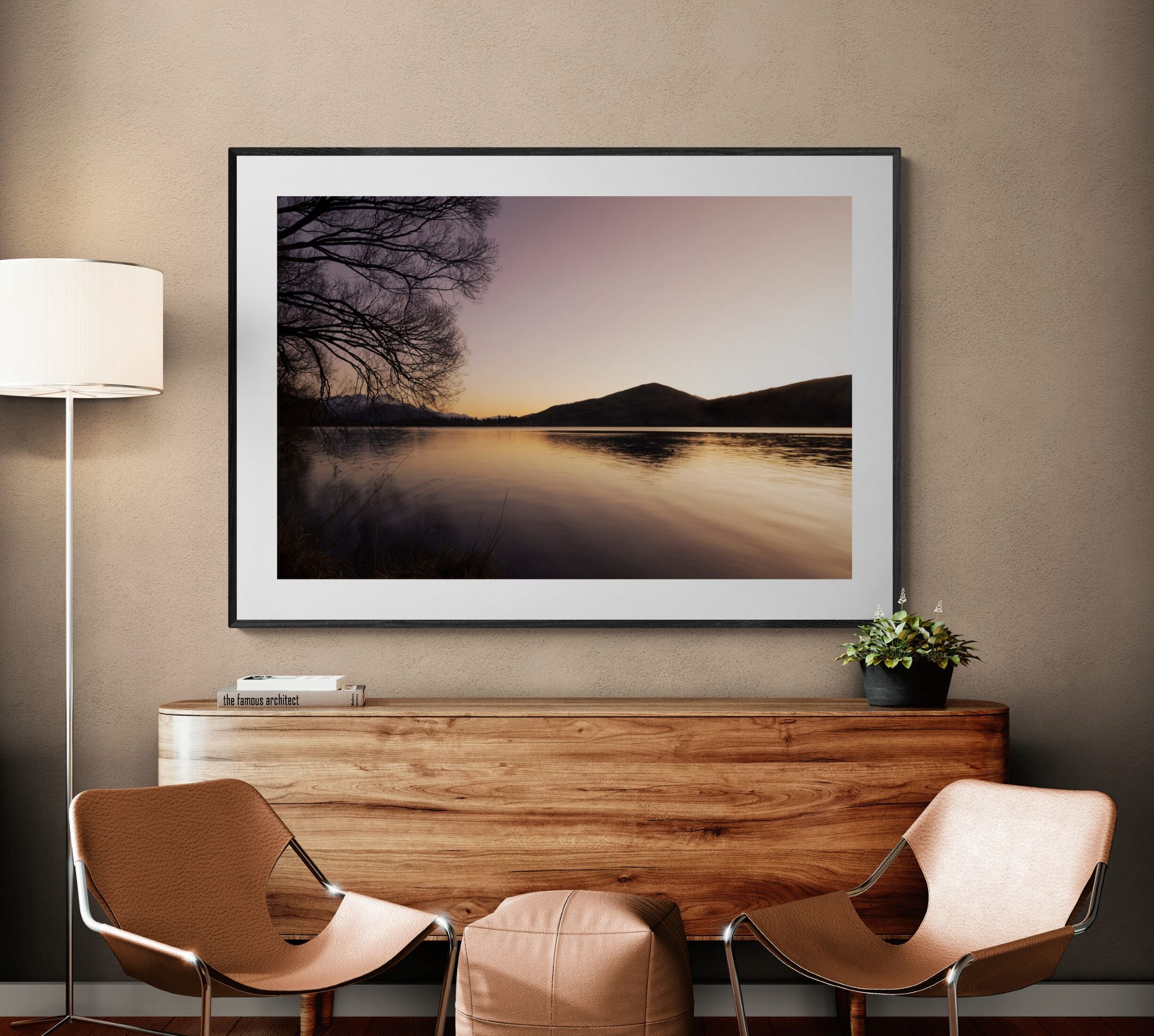 Lake Hayes fine art print above console in living room by  Kirsten Clark Art