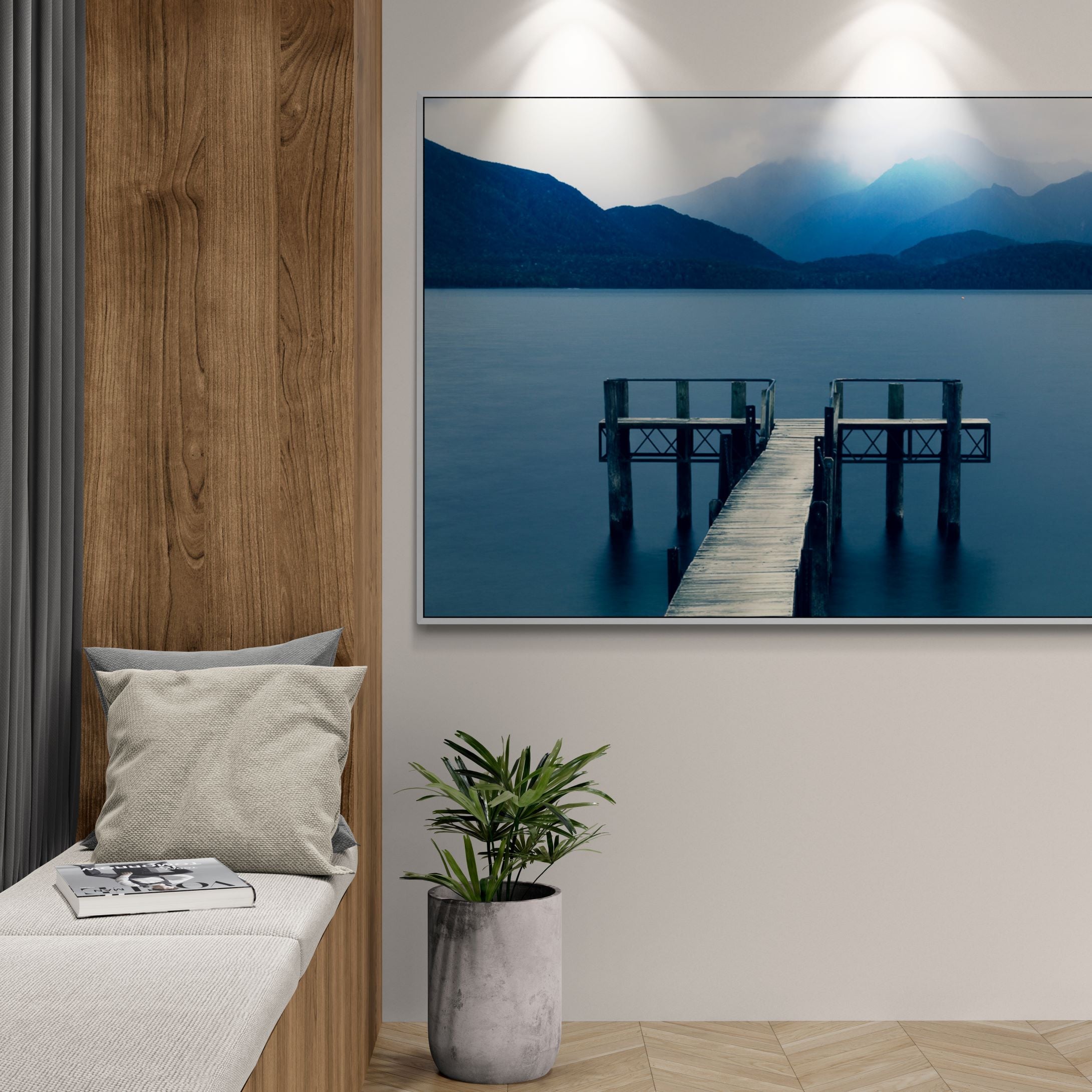 Lake Te Anau jetty fine art canvas print feature wall by Kirsten Clark photography