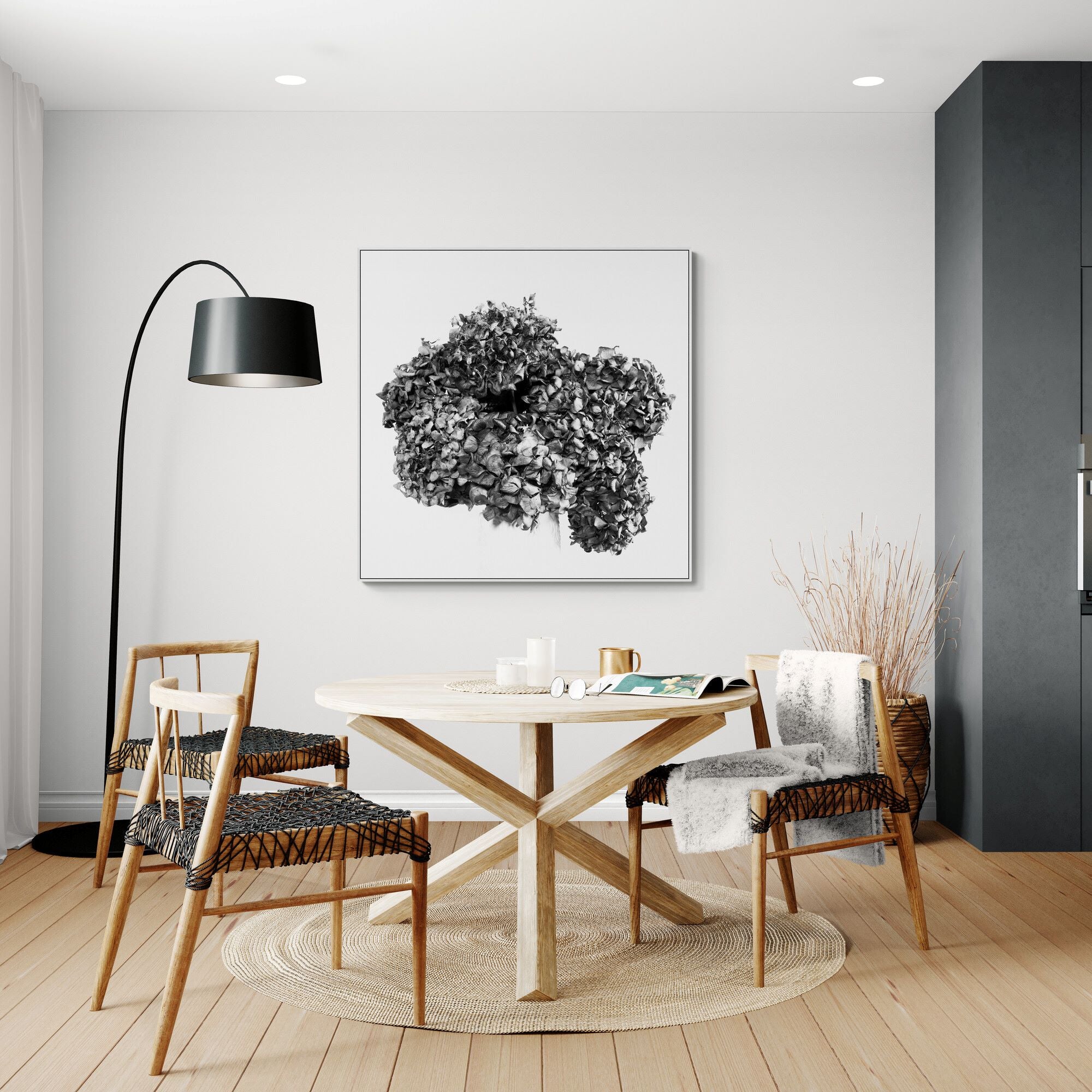 Lasting Blooms Dried Hydrangeas Canvas Print B&W in dining space by Kirsten Clark Art