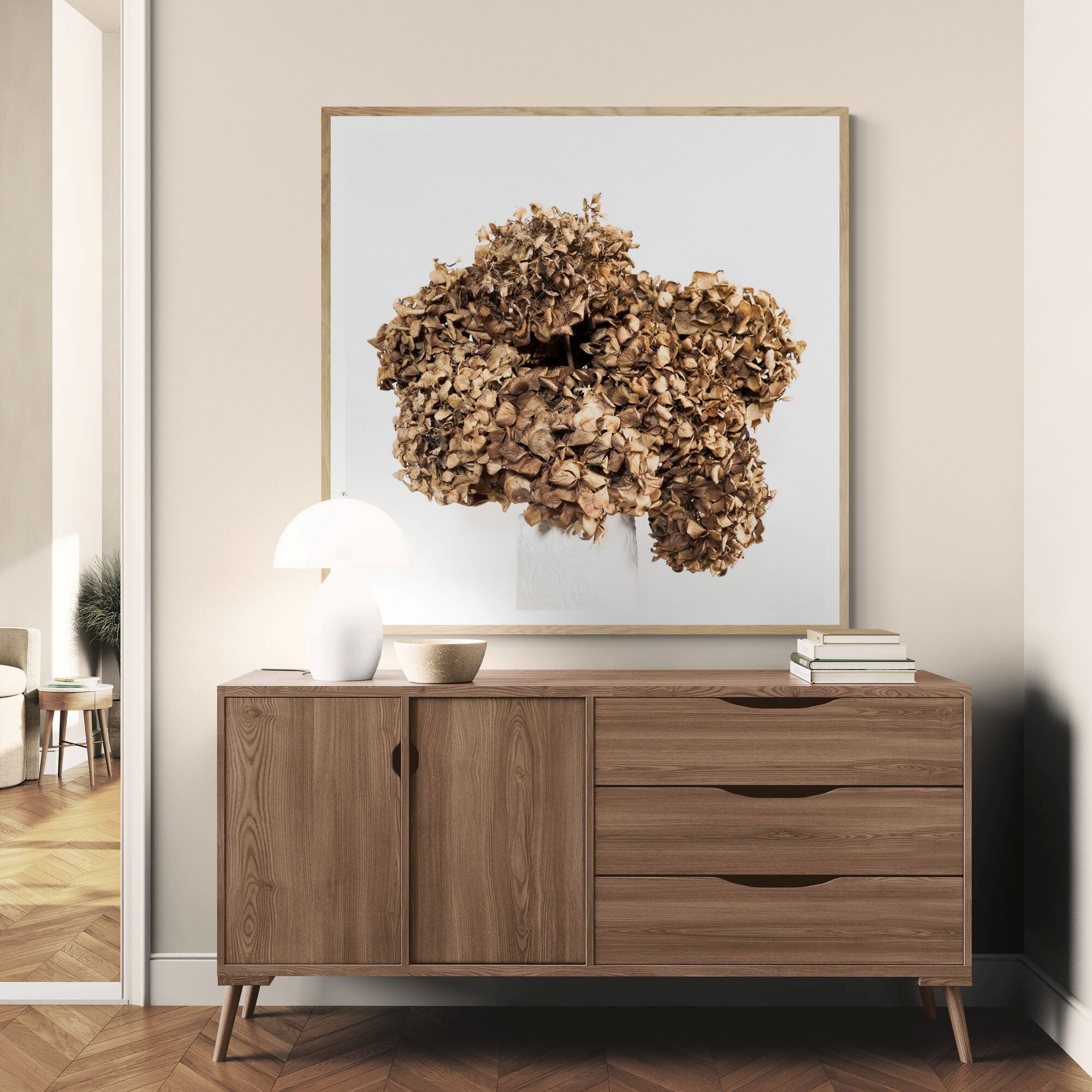 Lasting Dried Hydrangeas Print in living-room-above console by Kirsten Clark Art
