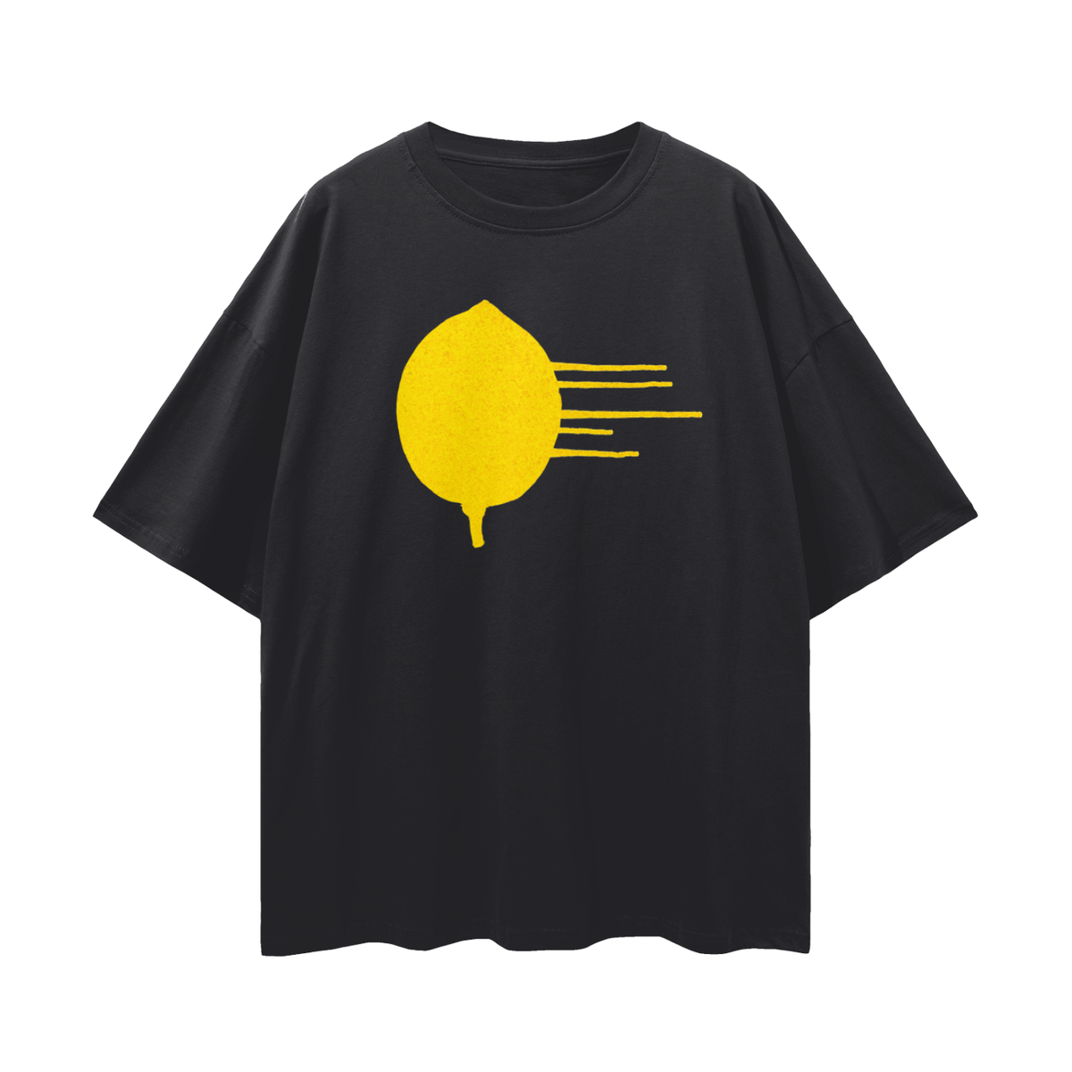 A black oversized short-sleeve t-shirt with a yellow lemon drizzle graphic
