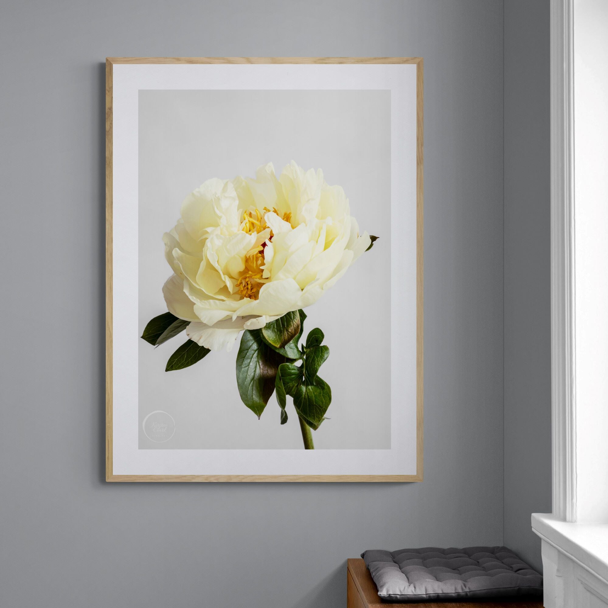 Lemon Chiffon Peony 1 Print in living room nook by Kirsten Clark Art