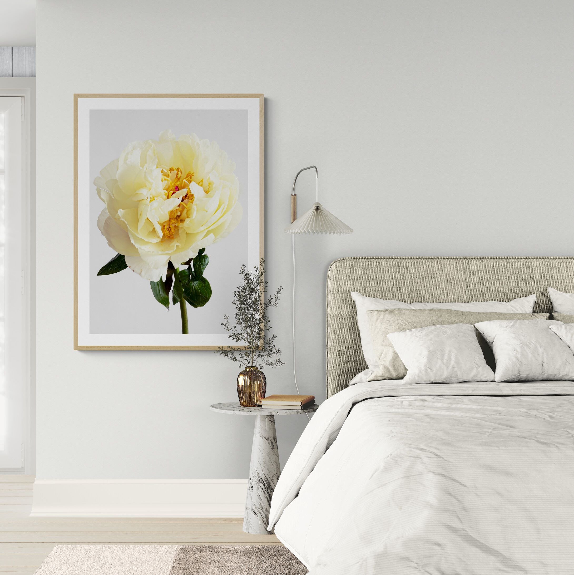 Lemon_Chiffon_Peony_2_Print_in_bedroom by Kirsten Clark Art