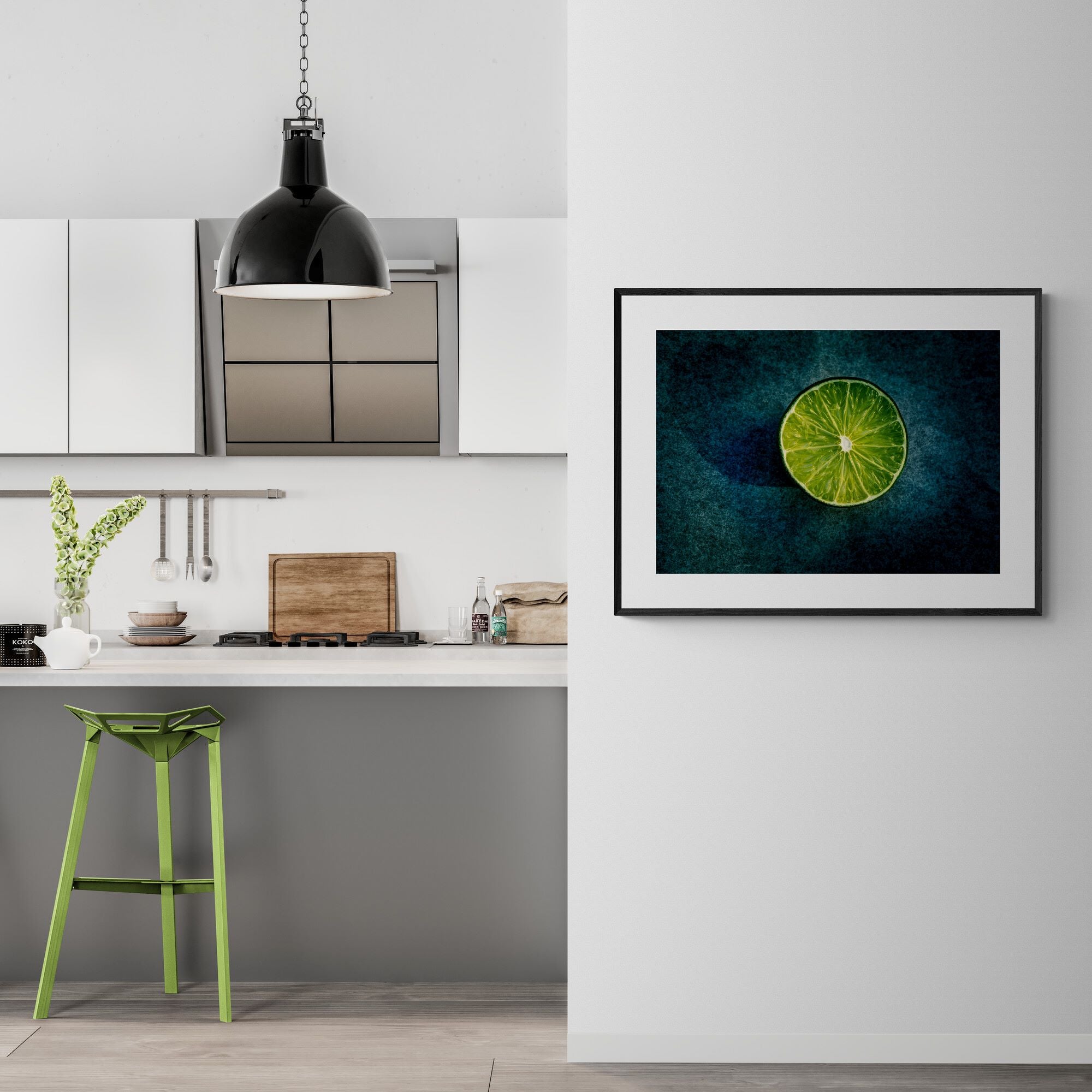 Lime Light Print framed in-modern-kitchen by Kirsten Clark Art