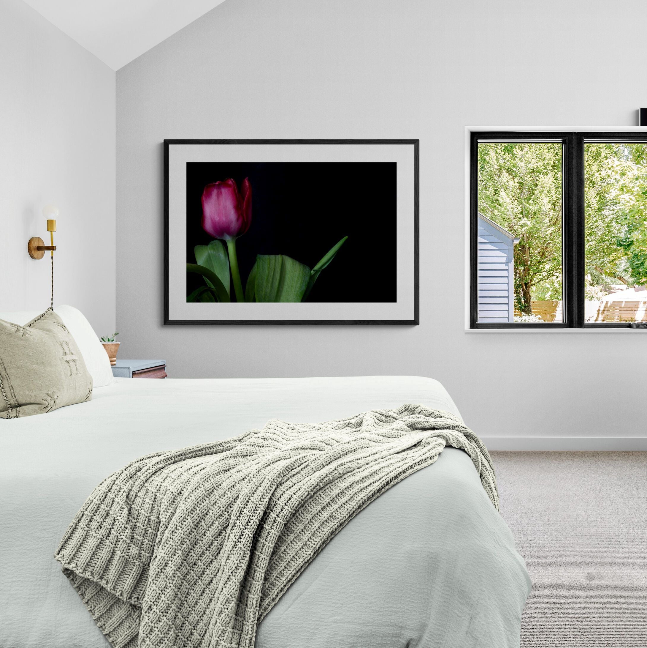 Magenta Tulip Print in bedroom by Kirsten Clark Art