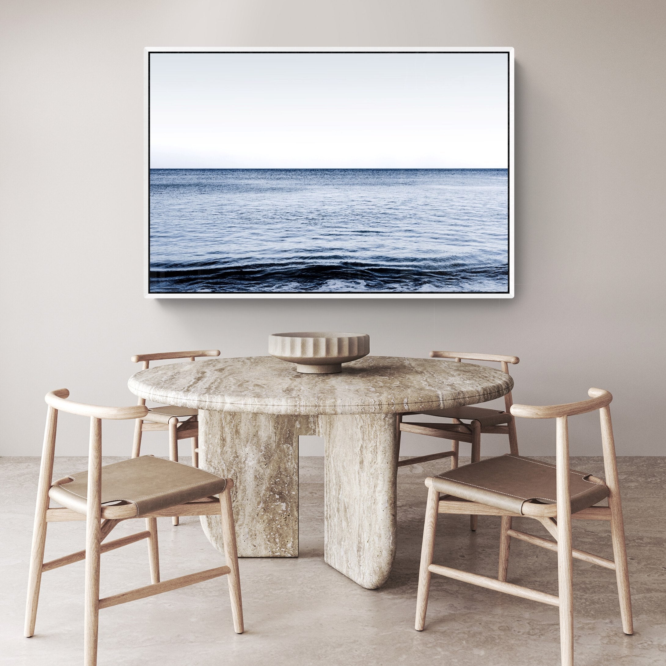 Meditative Waters canvas framed in neutral dining space
