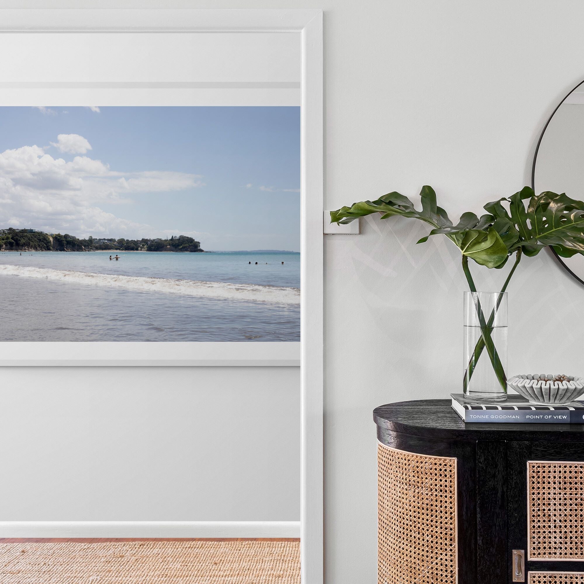 Milford Beach Summers Day print in hallway by Kirsten Clark Art