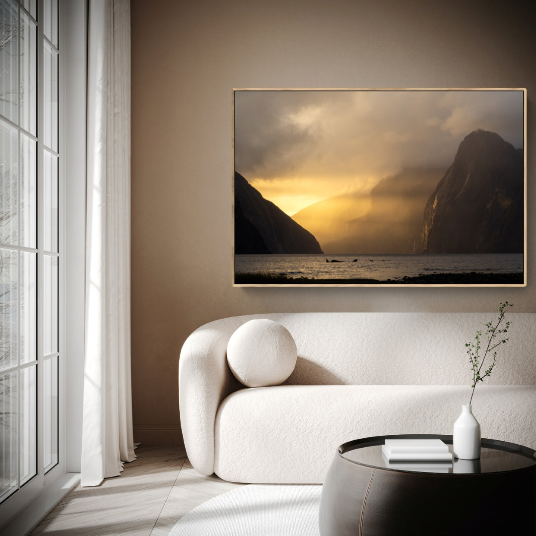 Milford Sound Golden Hour Canvas Print oak frame by Kirsten Clark New Zealand