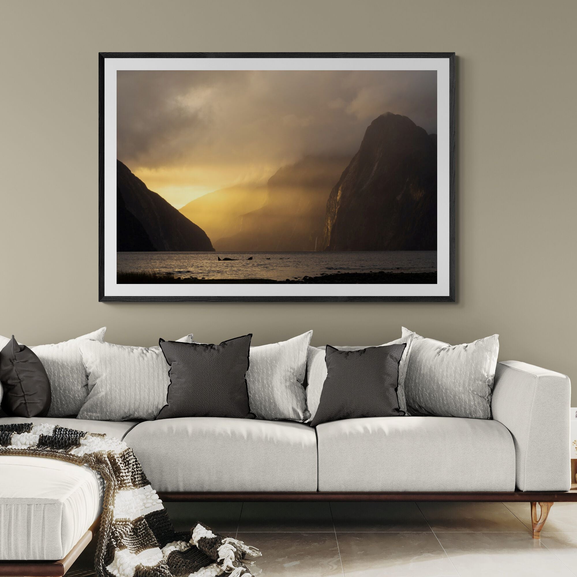 Milford Sound Golden Hour fine art print in living room by Kirsten Clark Art