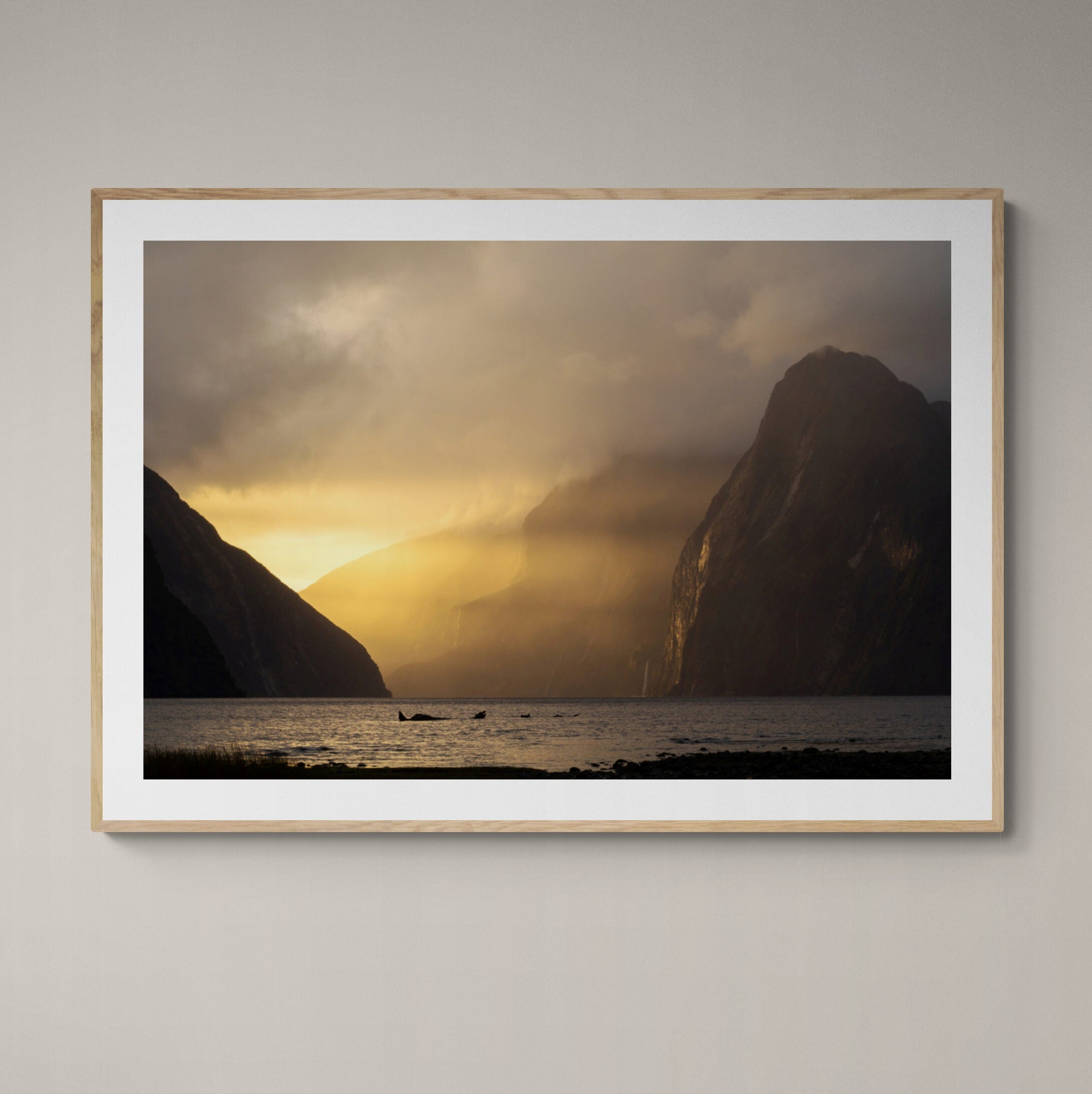 Milford Sound Golden Hour with natural frame on wall by Kirsten Clark Art