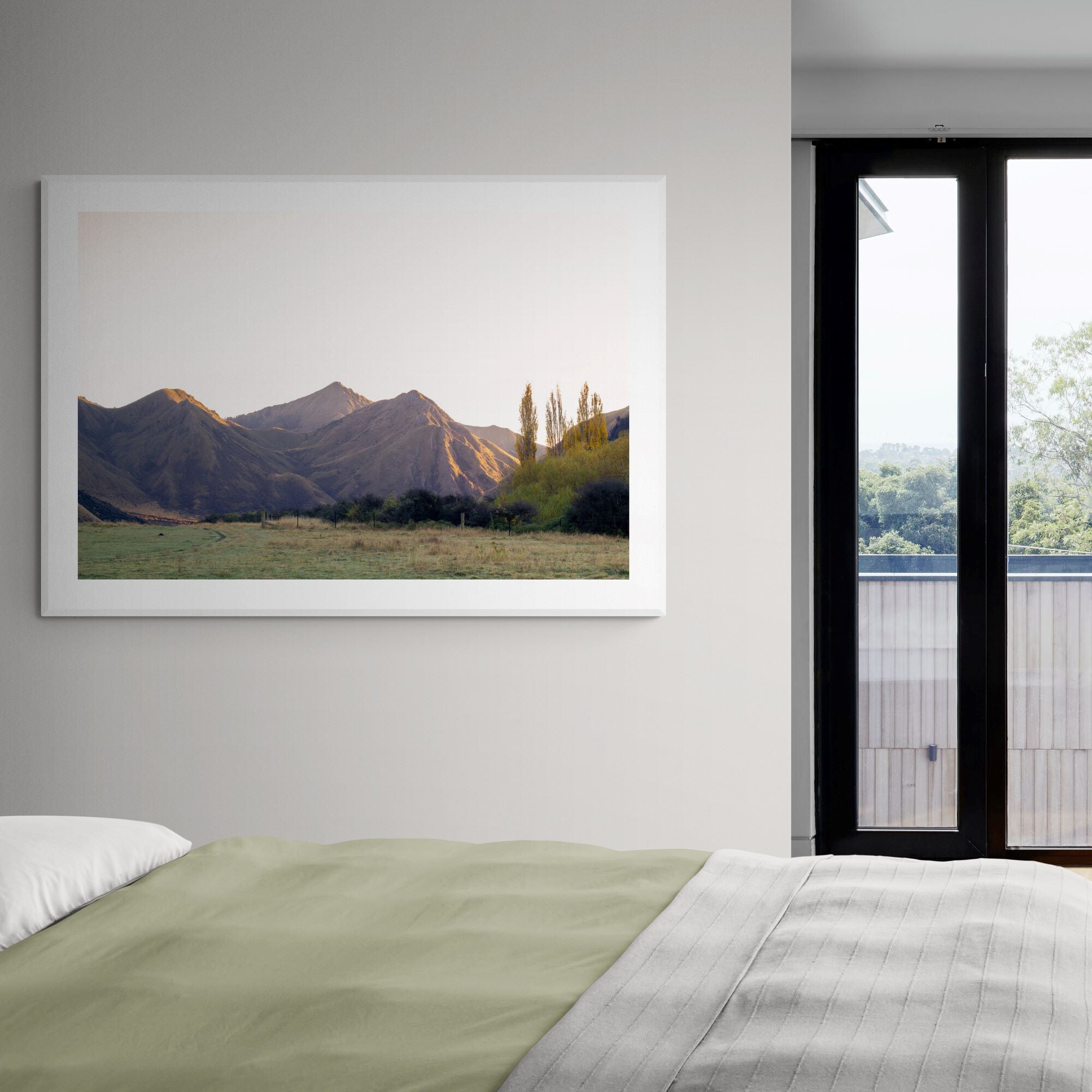 Moke Lake Queenstown Autumn Sunrise in bedroom by Kirsten Clark Art
