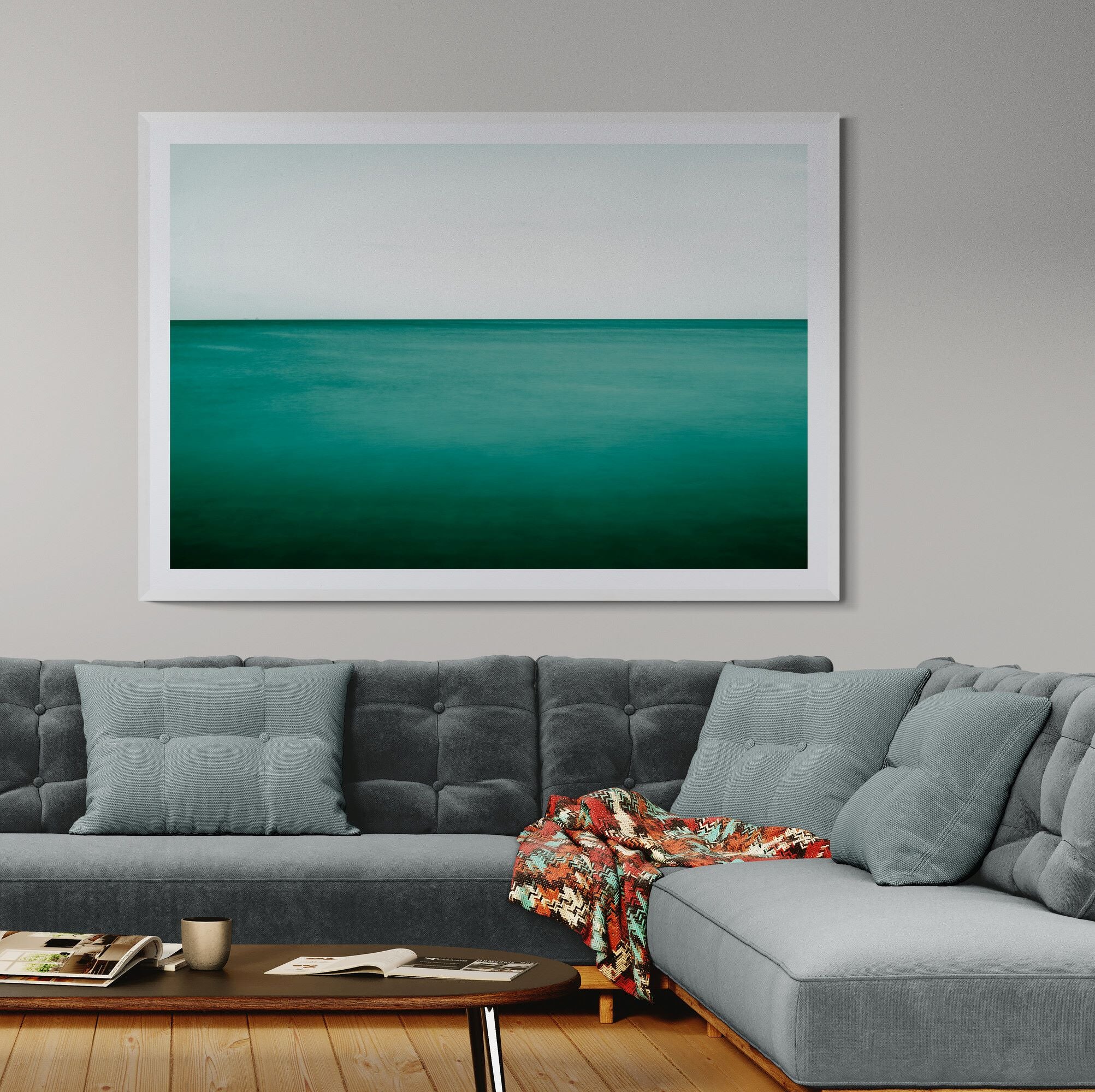 New Horizons Emerald Sea print in living room by Kirsten Clark Art
