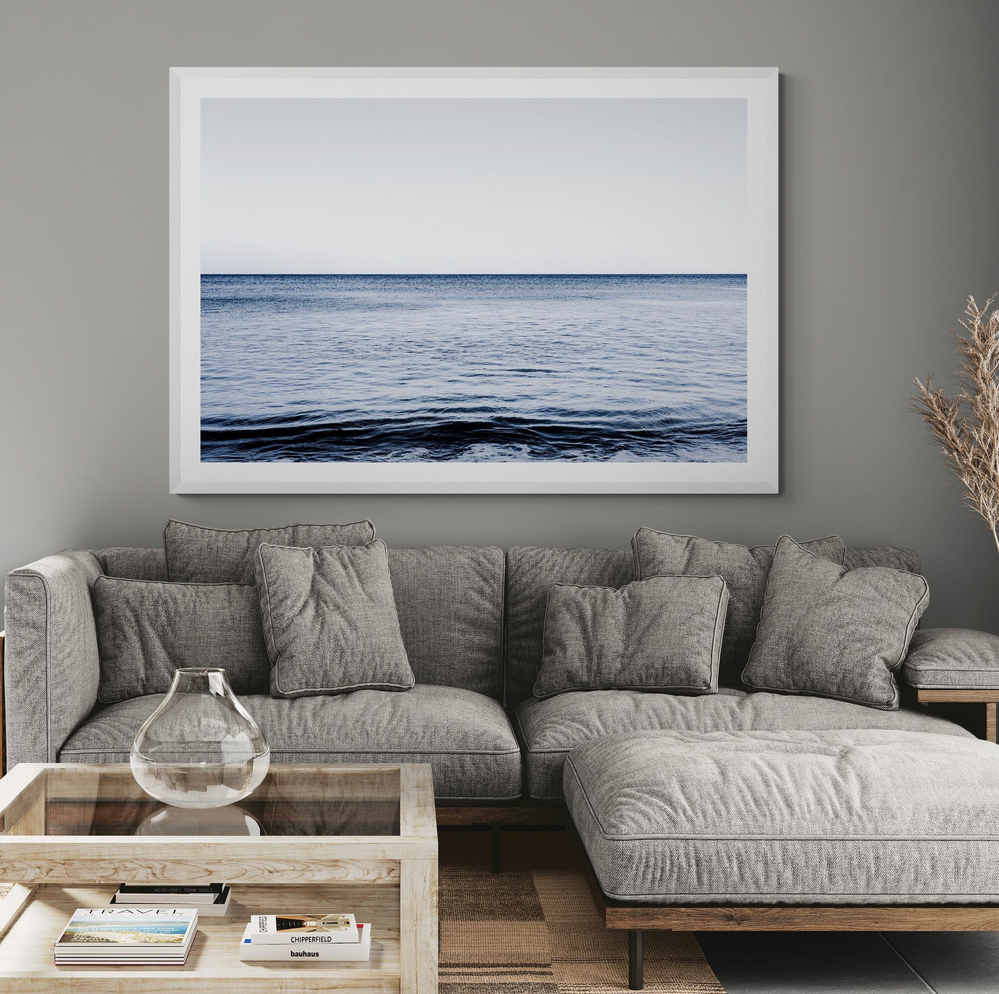 New Horizons Meditative Waters print in living room by Kirsten Clark Art