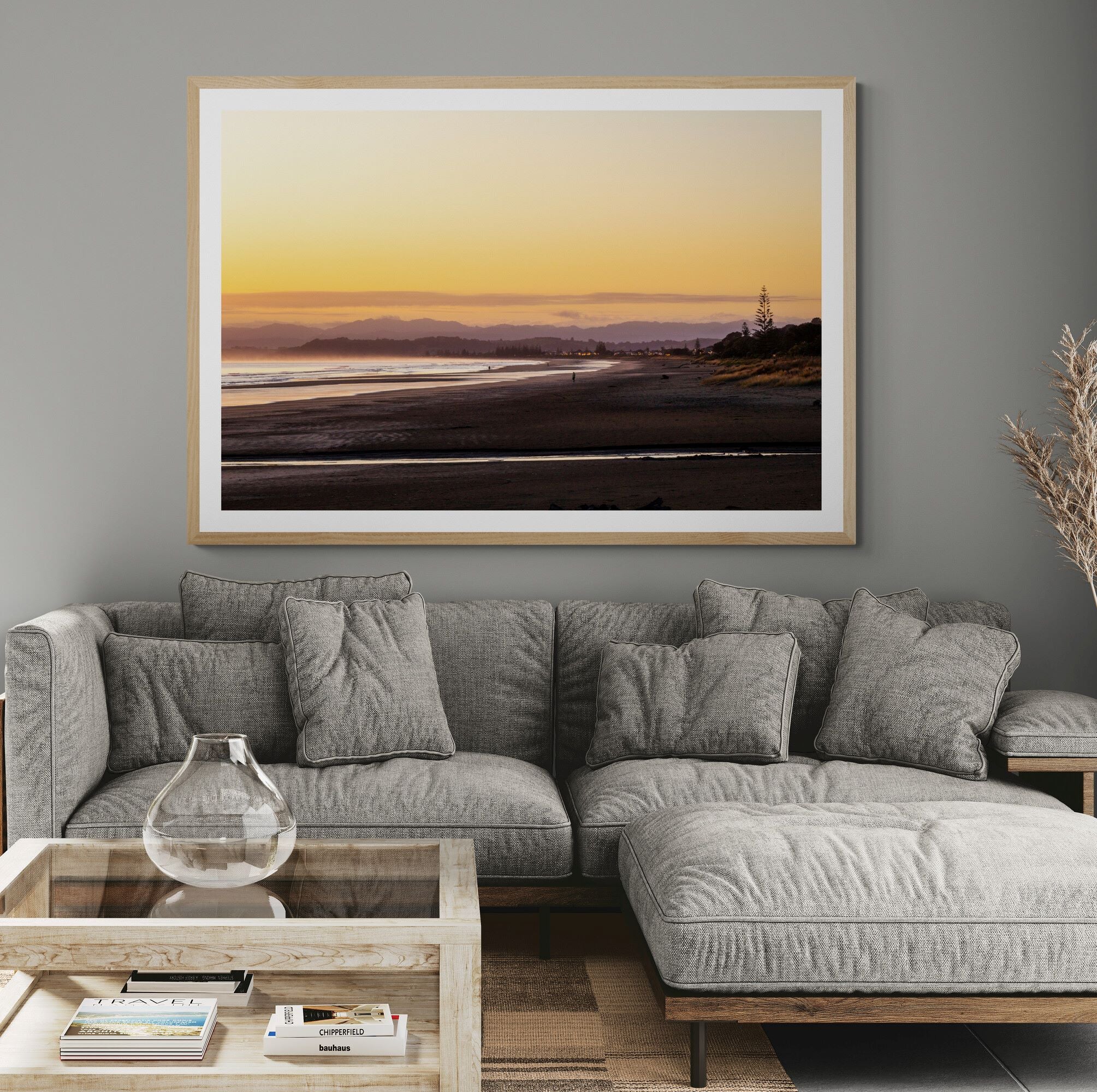 Ohope Beach sunrise print in living room by Kirsten Clark Art