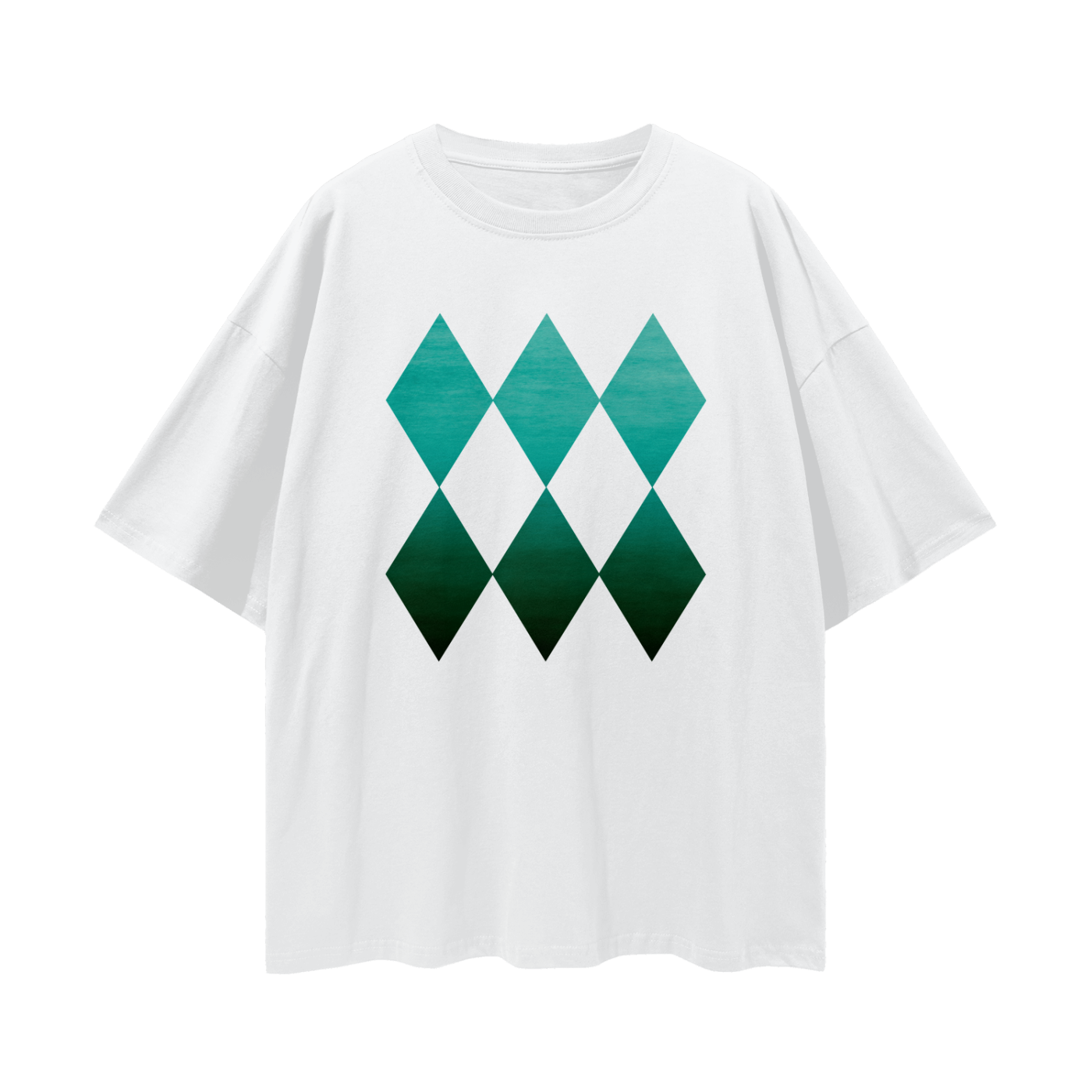 White oversized t-shirt with emerald green geometric pattern