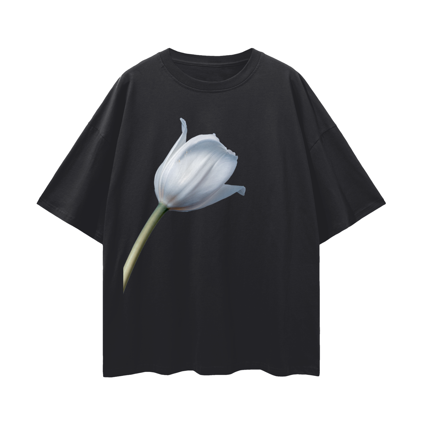 Black oversized tee with tulip artwork wearable art