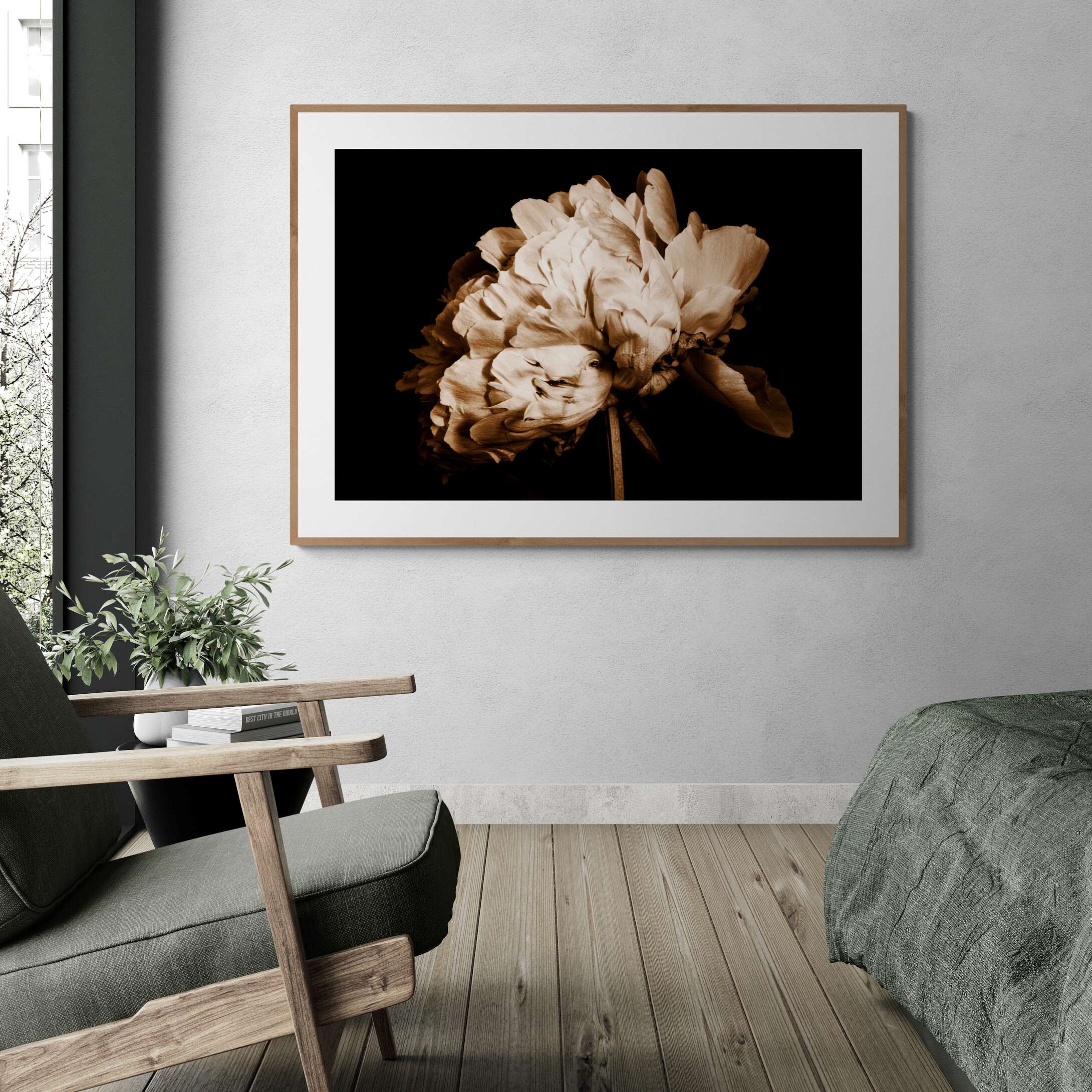 Framed peony artwork on a wall in bedroom by Kirsten Clark Art