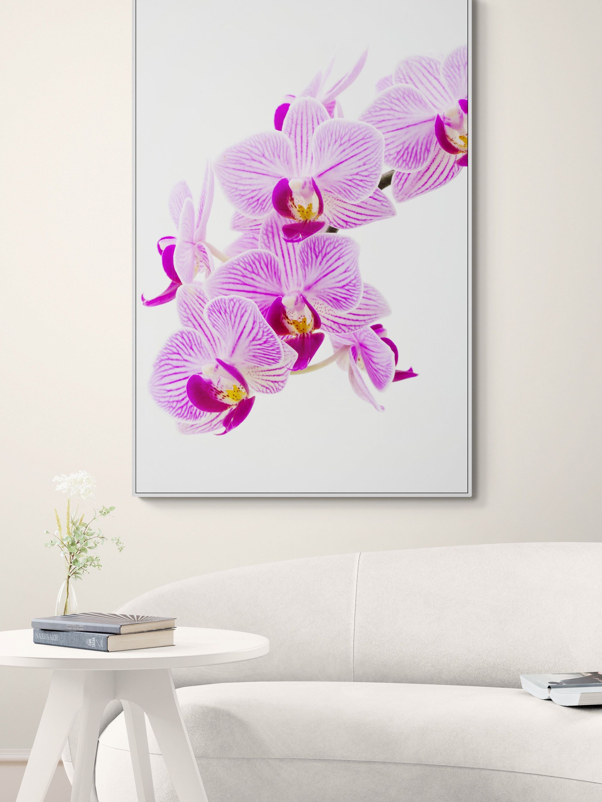 Pink Orchid canvas in living room by Kirsten Clark Art
