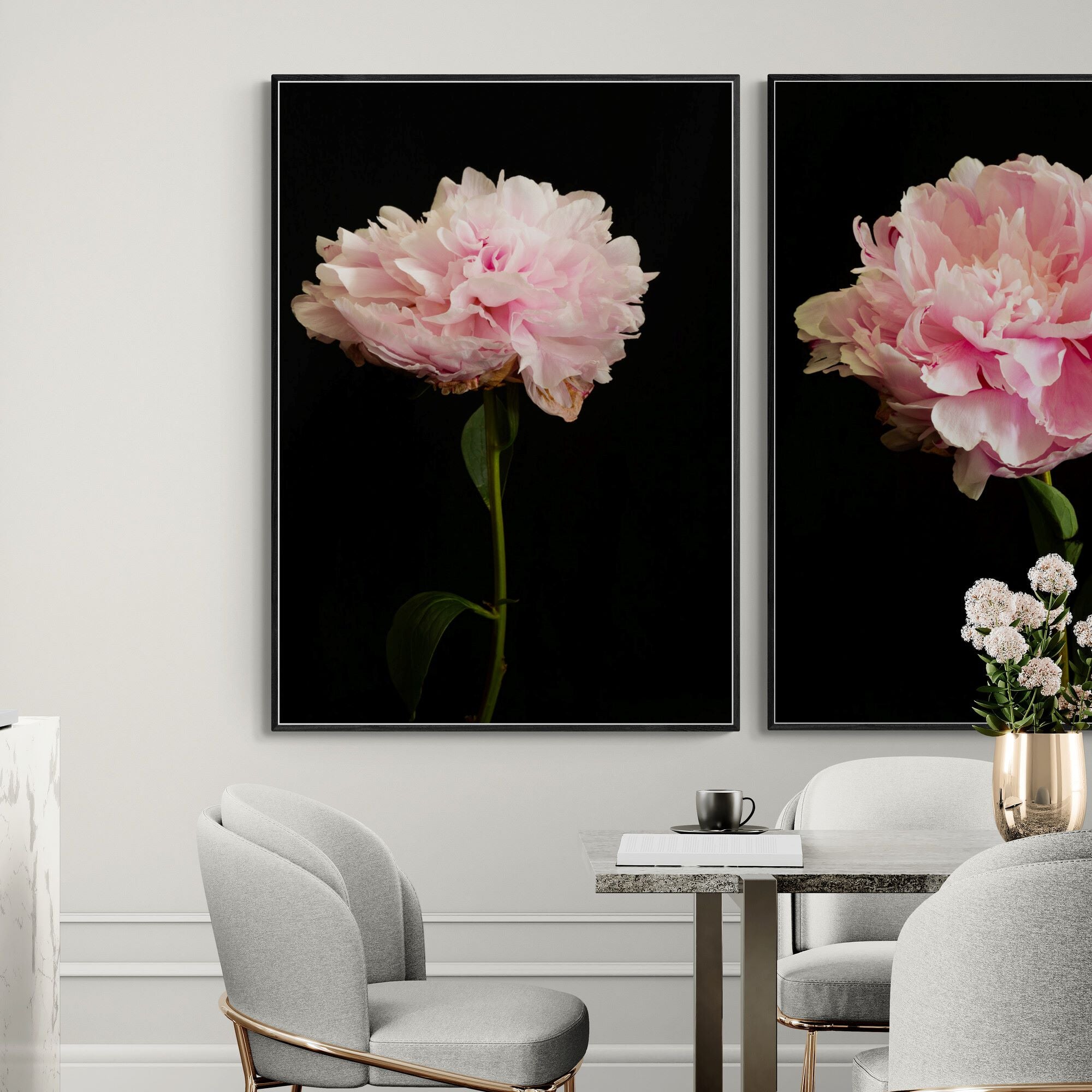 Pink Peony Canvas Prints in elegant dining-room by Kirsten Clark Art