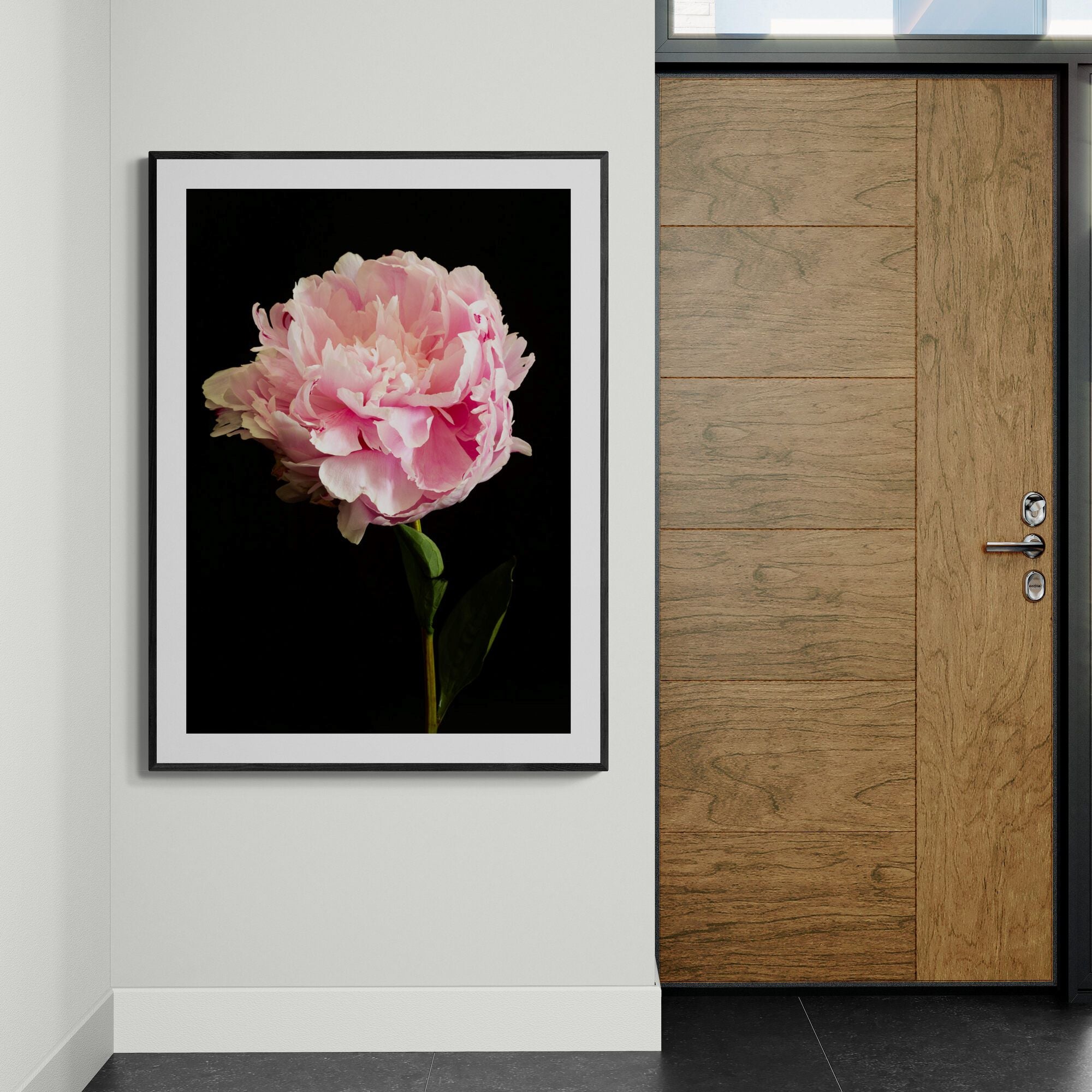 Pink Peony Print in interior entrance by Kirsten Clark Art