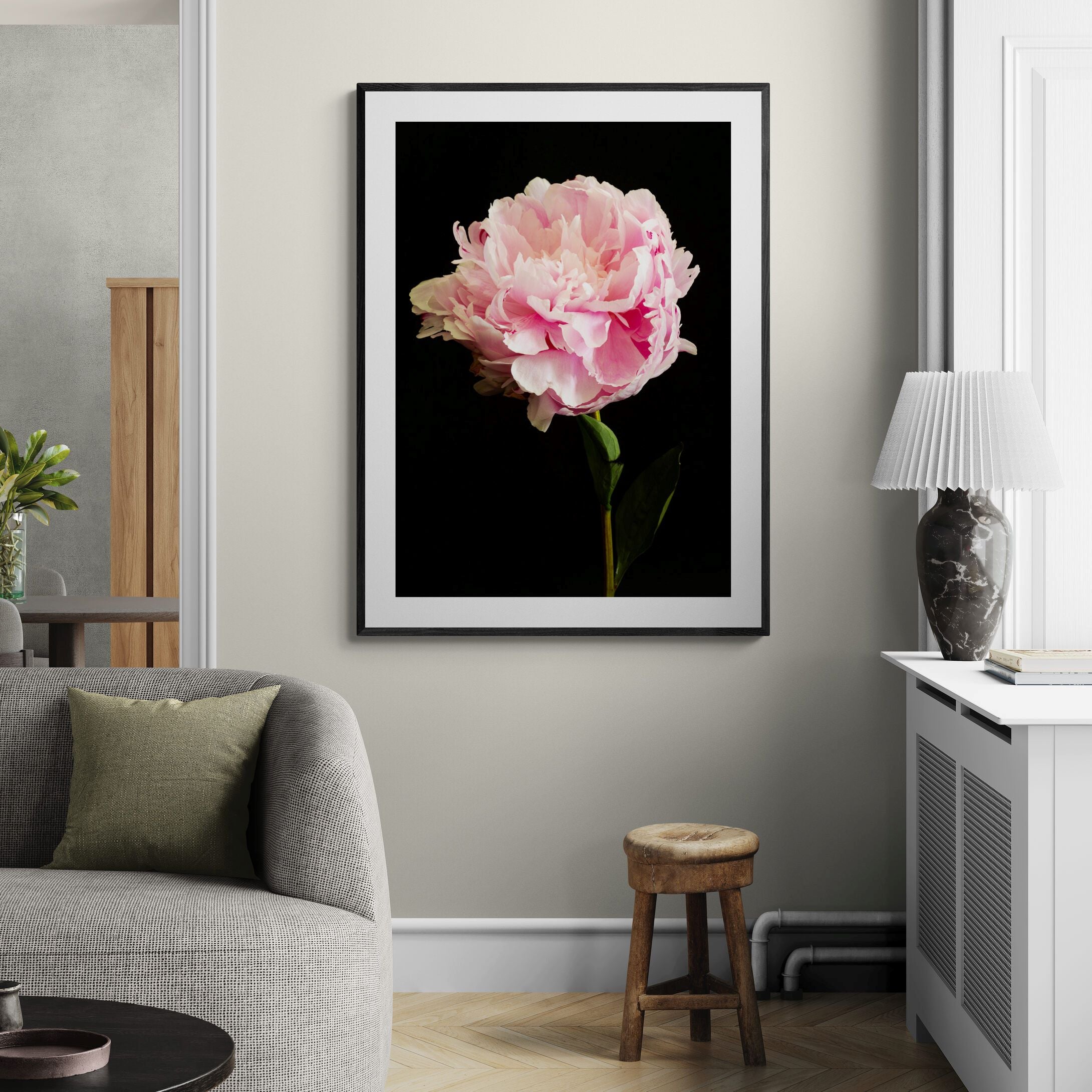 Pink Peony Print in living room by Kirsten Clark Art