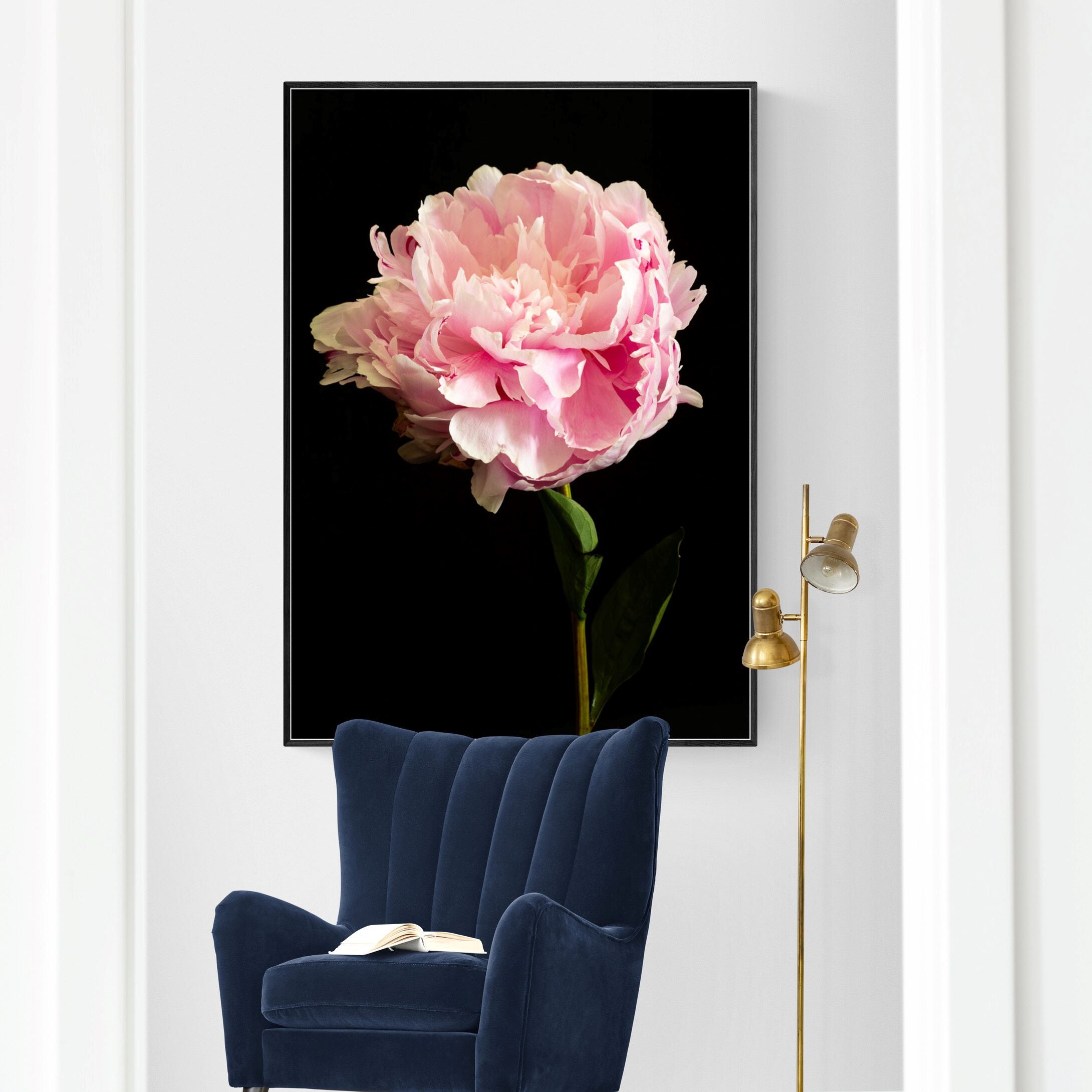 Pink peony canvas print in contemporary living room by Kirsten Clark Art
