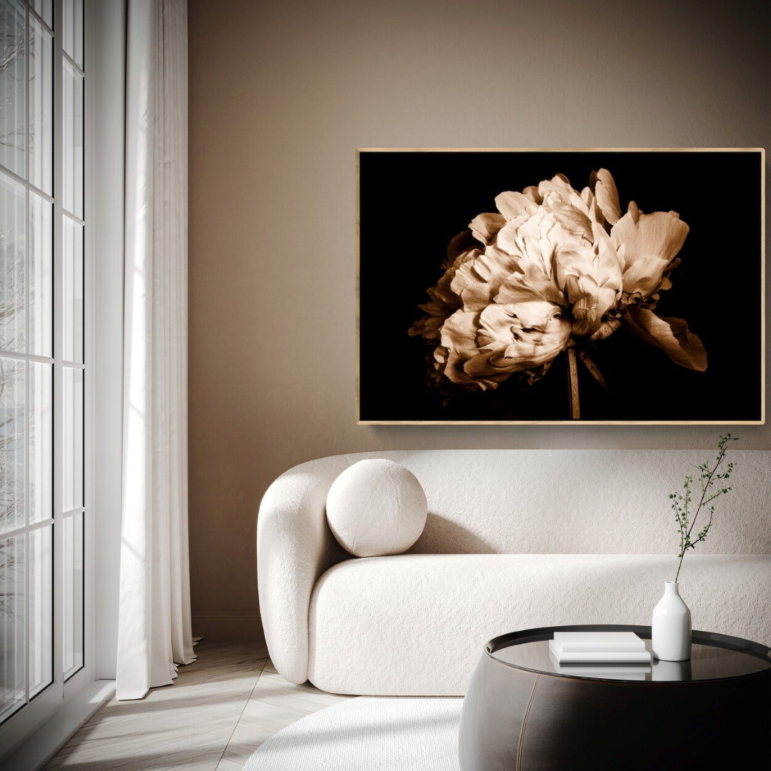Portrait of Peony Canvas in living room by Kirsten Clark Art