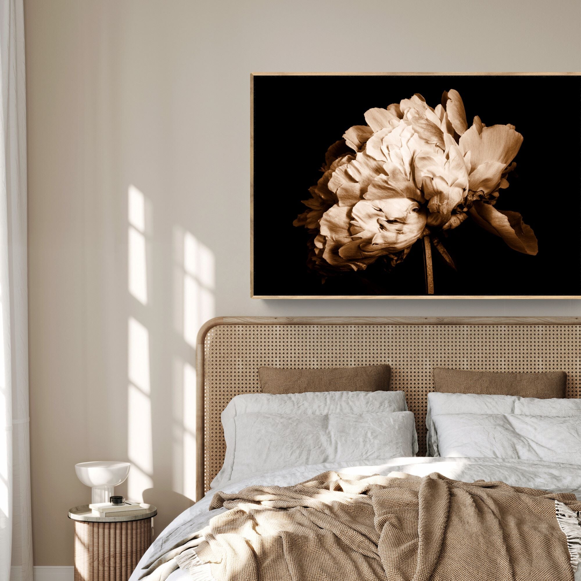 Portrait of a Peony Canvas Print in bedroom by Kirsten Clark Art