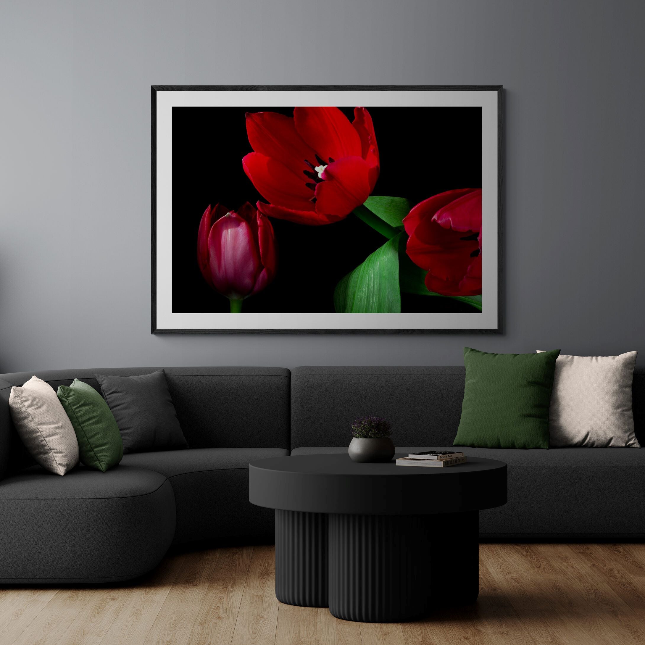 Red Tulips Print in luxury living room by Kirsten Clark art