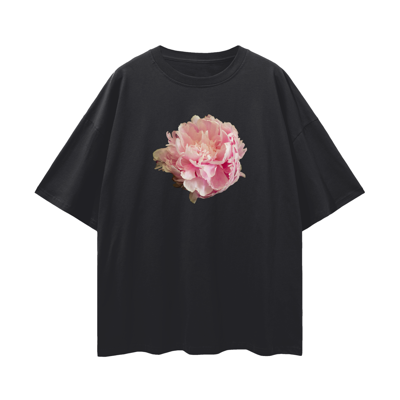 Black t-shirt with a pink peony